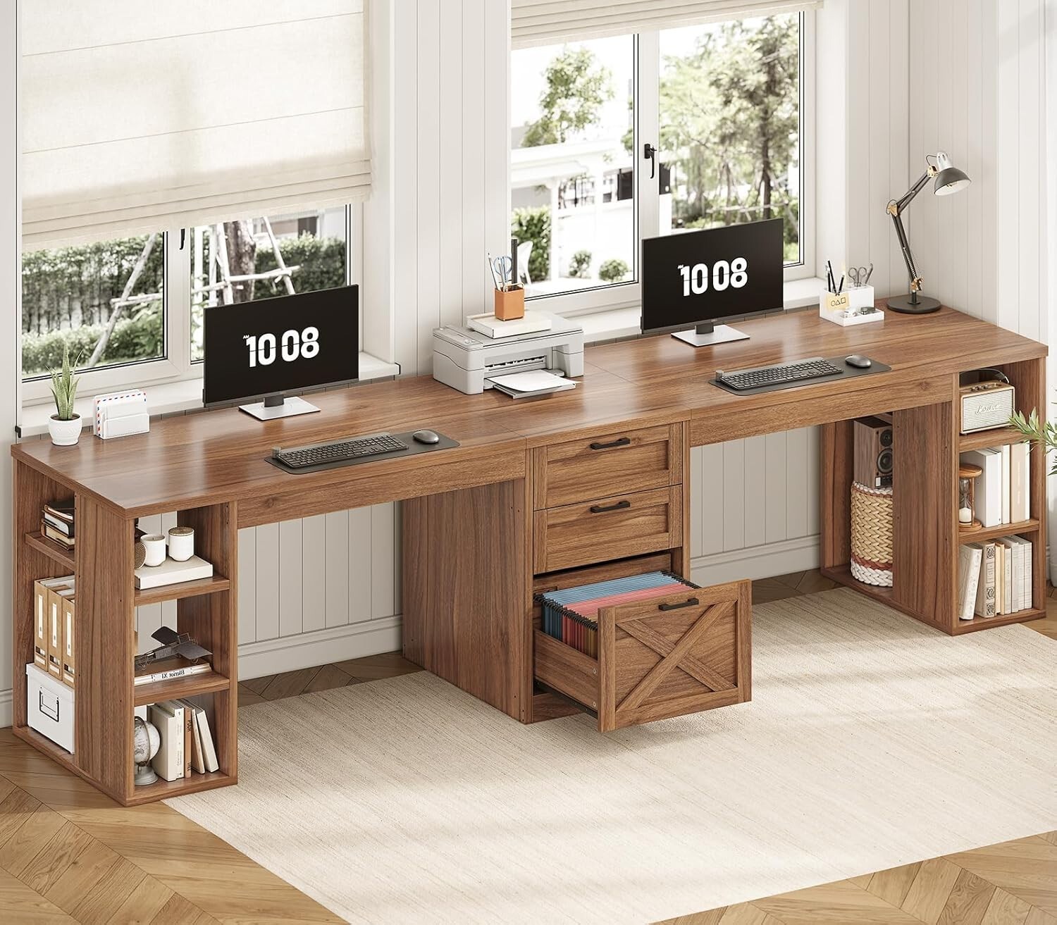 96.5″ Farmhouse Computer Desk with 3 Drawers and Storage Shelves for Home Office