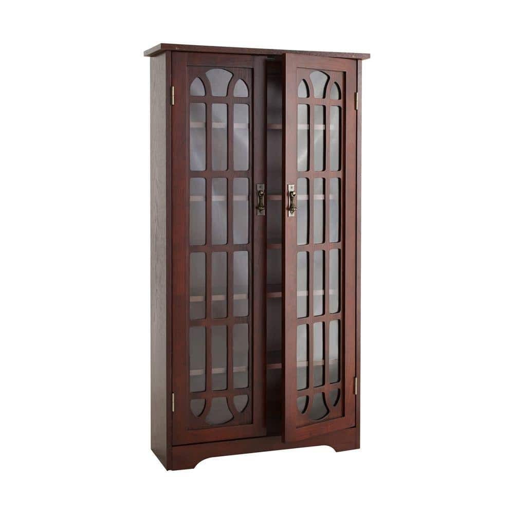 Media Cabinet 330-Disc Cherry Brown Window Pane Particle Board CD DVD Books