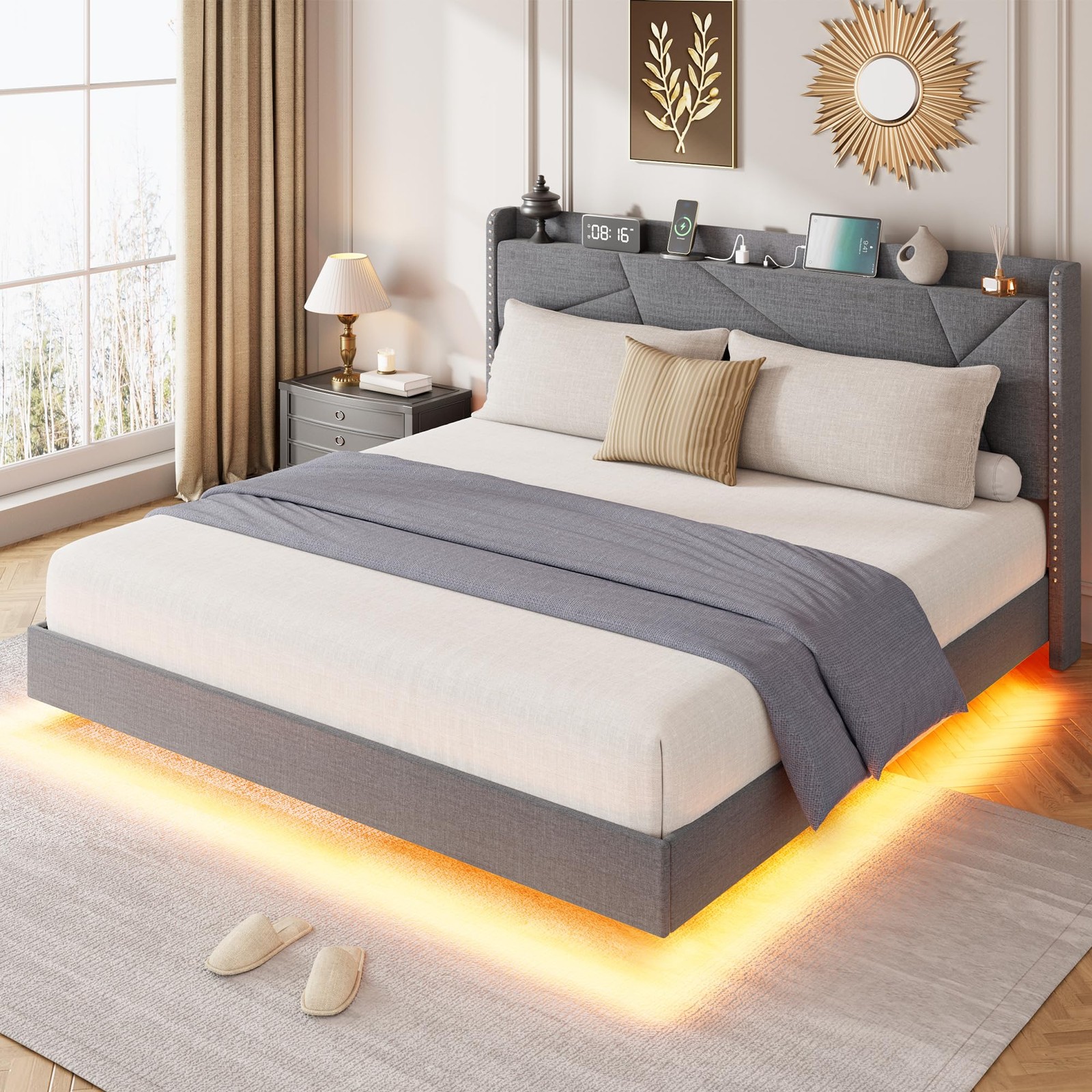✨Full/Queen/King Size Floating Bed Frame Upholstered Platform Bed w/ LED Lights