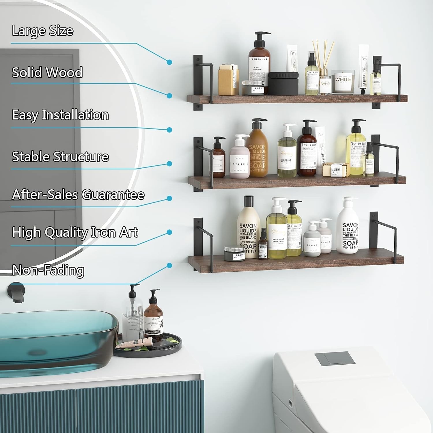 Floating Shelves, 24 Inches Easy to Install Wall Mounted Shelves, Set of 3, R…