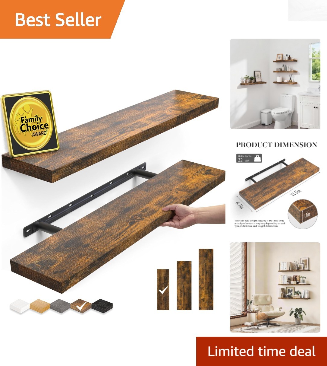 Elegant Floating Shelves Set of 2, 22.5 Inches Rustic Brown for Stylish Storage