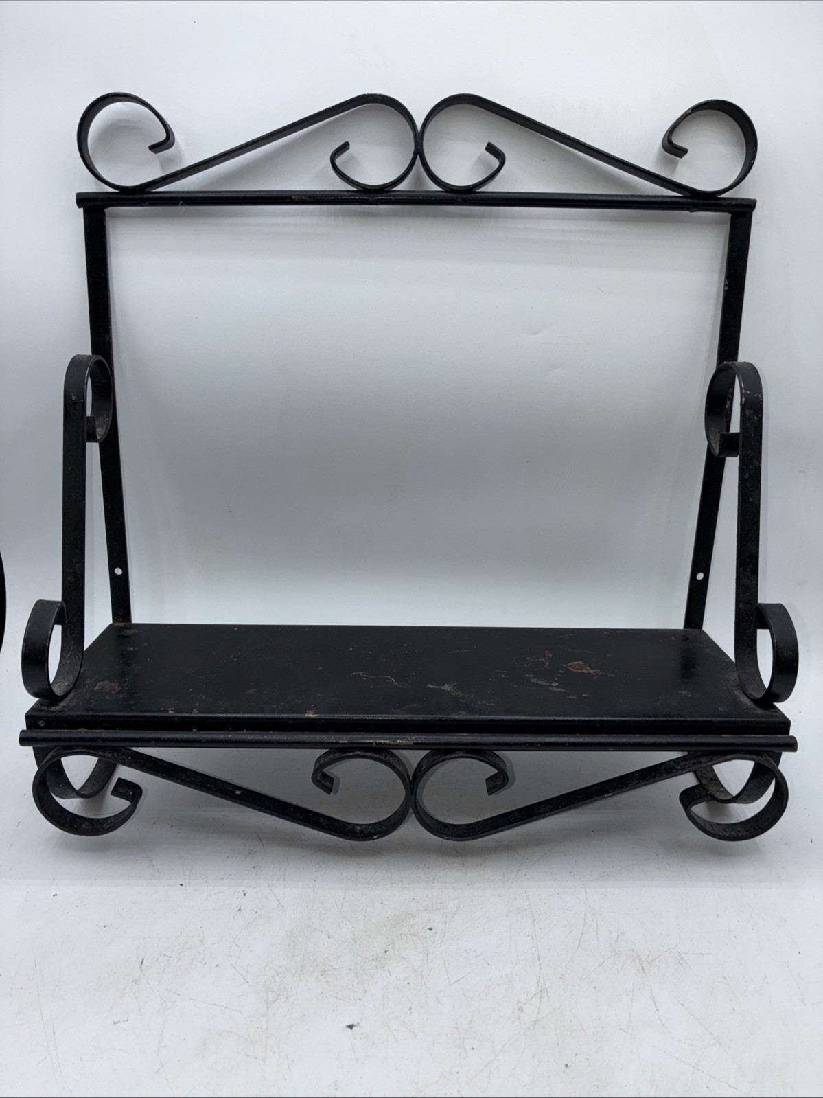 Vtg BlackMetal Wrought Iron Shelf Kitchen Bath Rack Primitive Decor Mcm 12×11.75