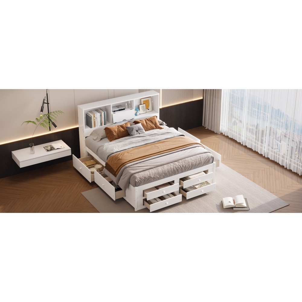 King Size Platform Bed with Storage Headboard and 8 Drawers, White / Gray