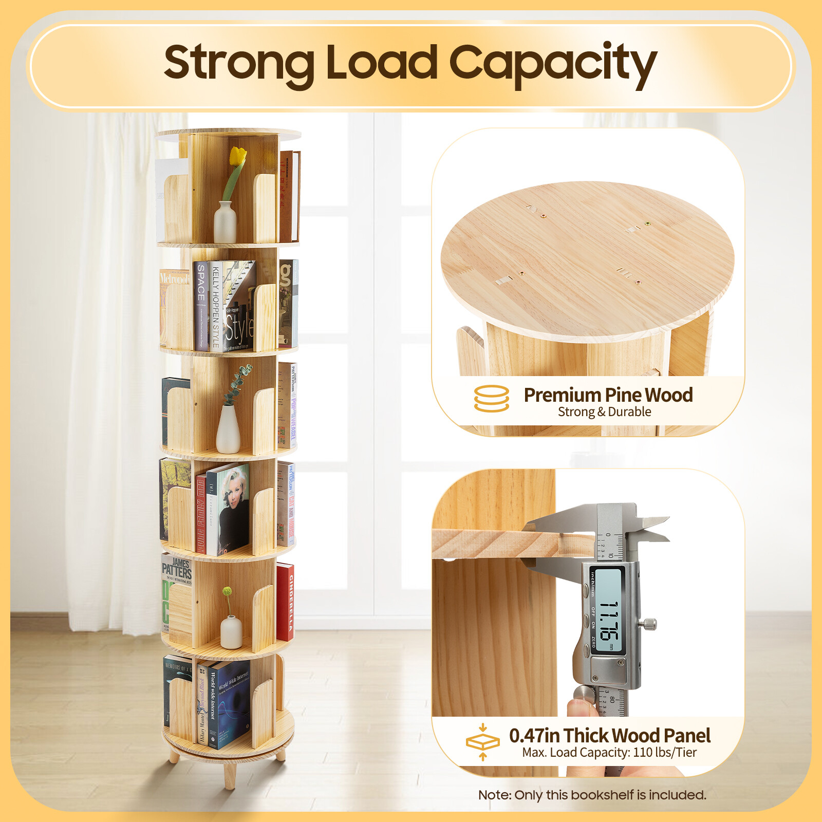 6 Tiers Rotating Bookshelf 360-Degree Book Shelf Solid Wood Booksh Organizer