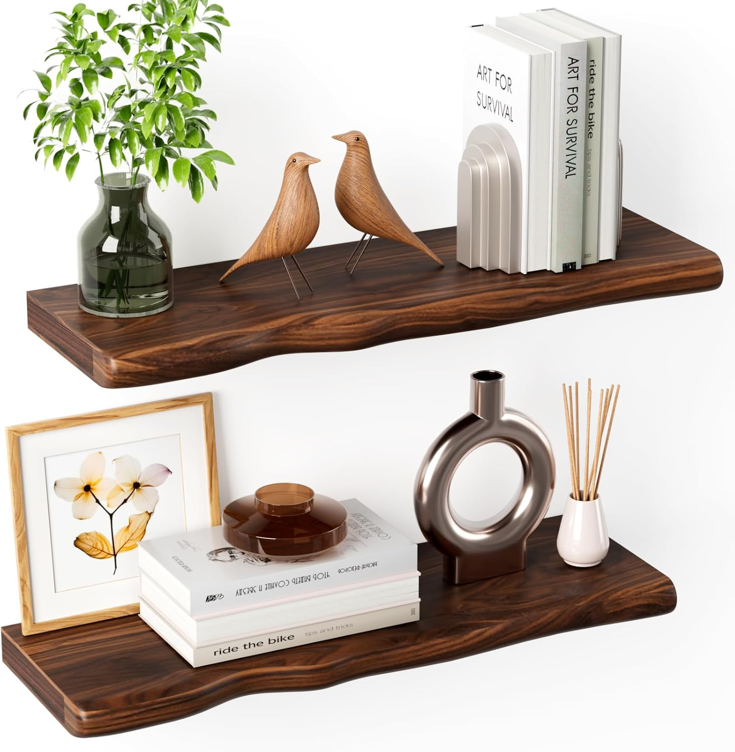 24in Solid Wood Live Edge Floating Shelves Rustic Wall Shelf Set Walnut