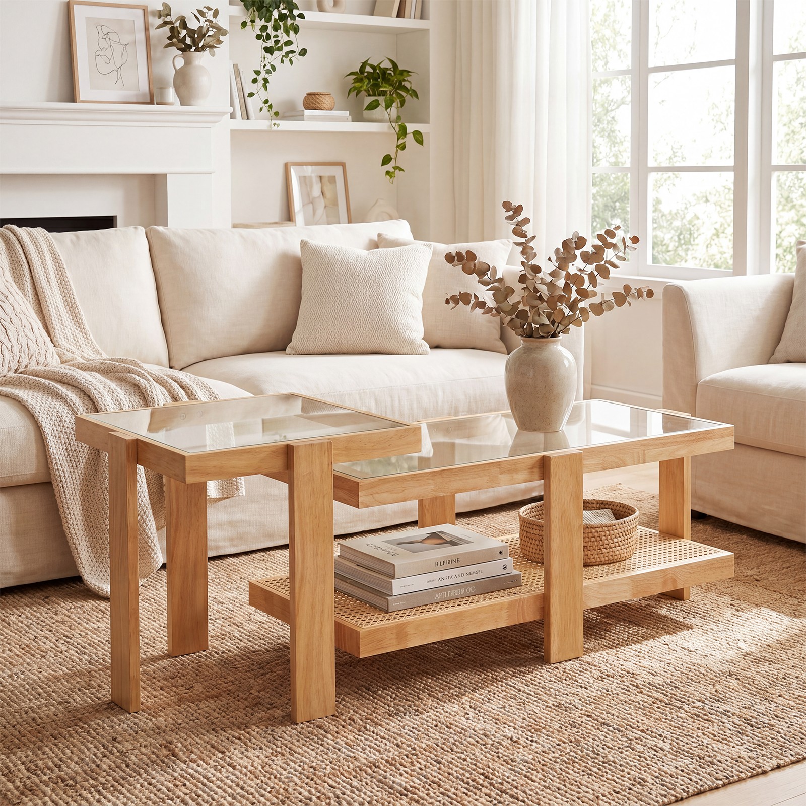 Nesting Coffee Table Set of 2, Boho Rattan Accent Table with Tempered Glass Top