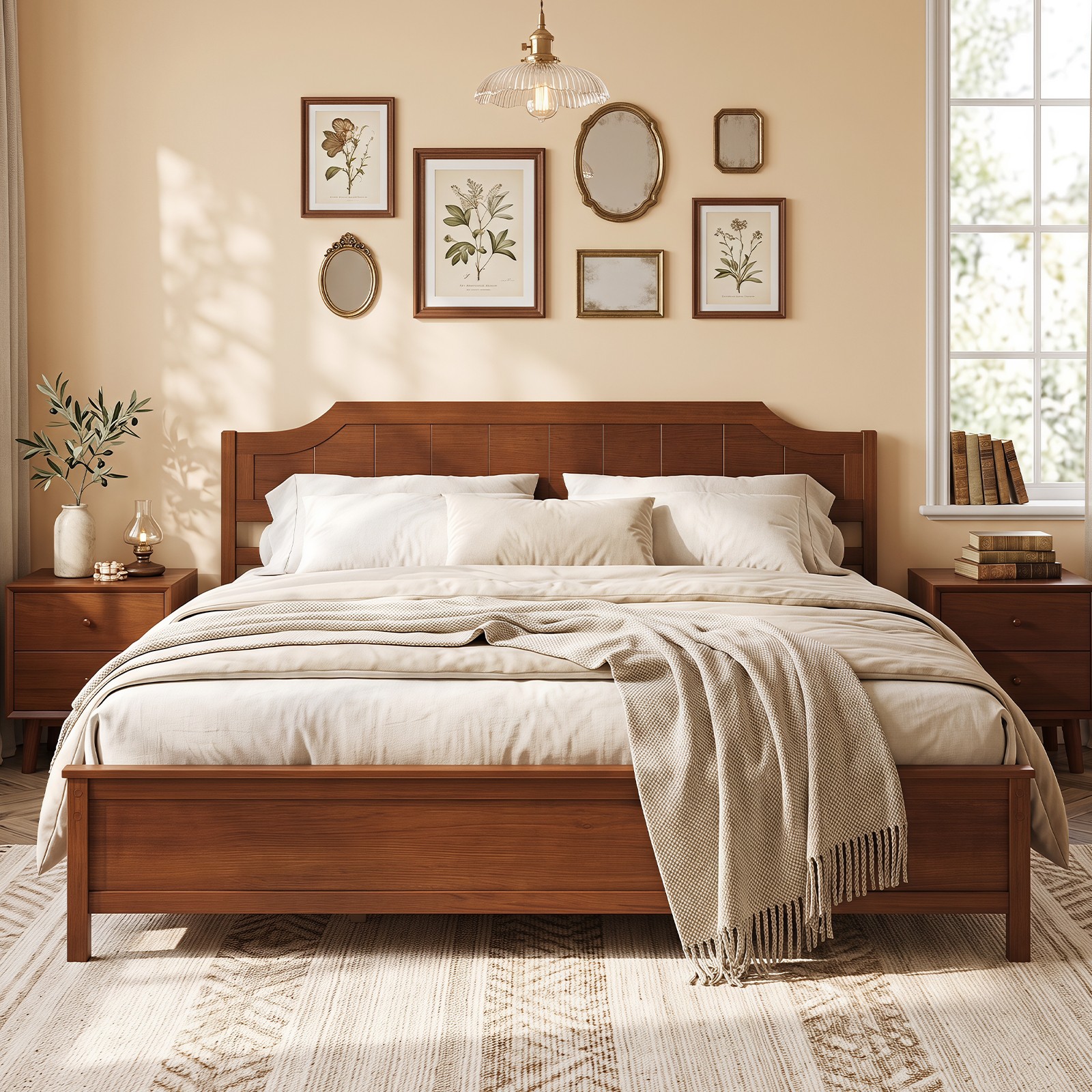 King Size Solid Wood Platform Bed Frame w/Headboard, Wood Slat Support, Walnut