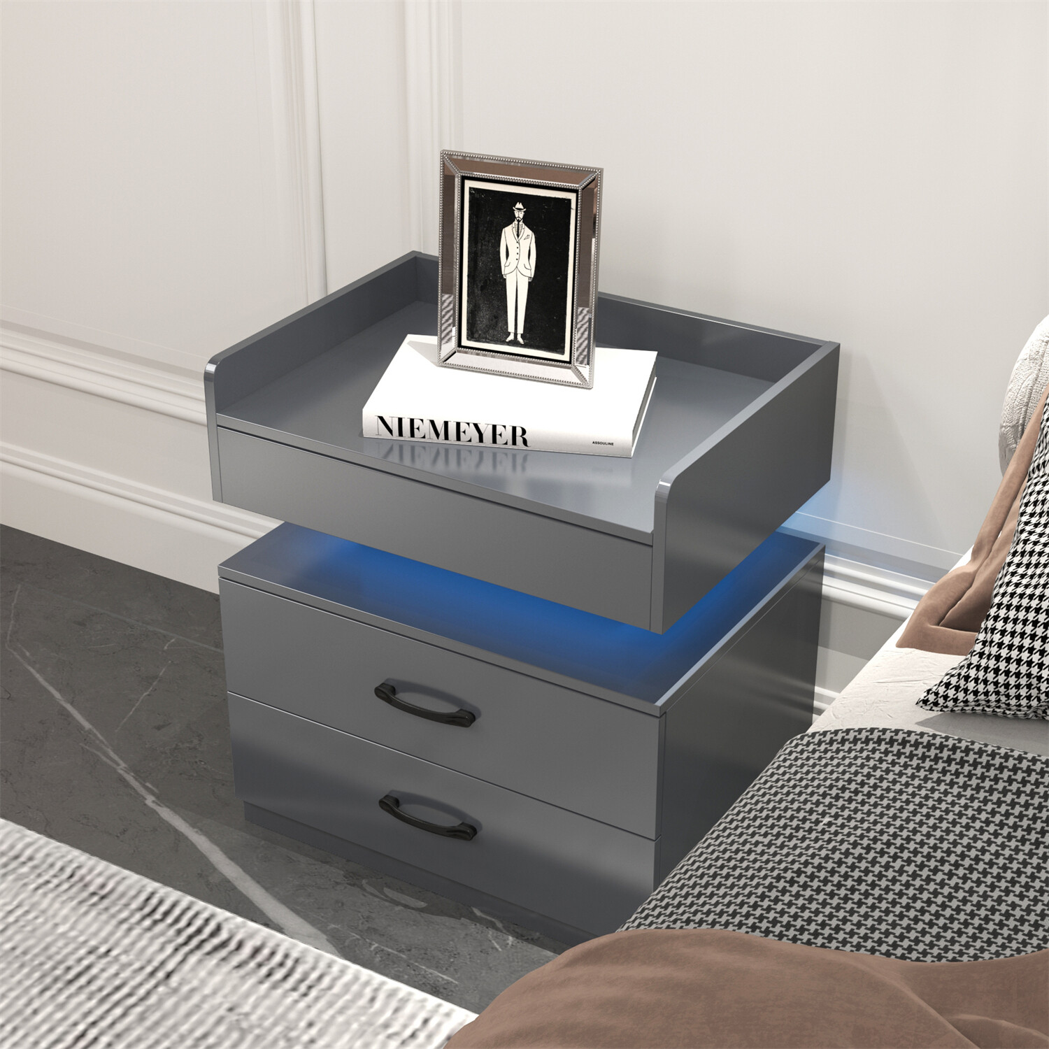 LED Nightstand Bedside Table End Table Side Table w/ 2 Drawers White/Gray/Black
