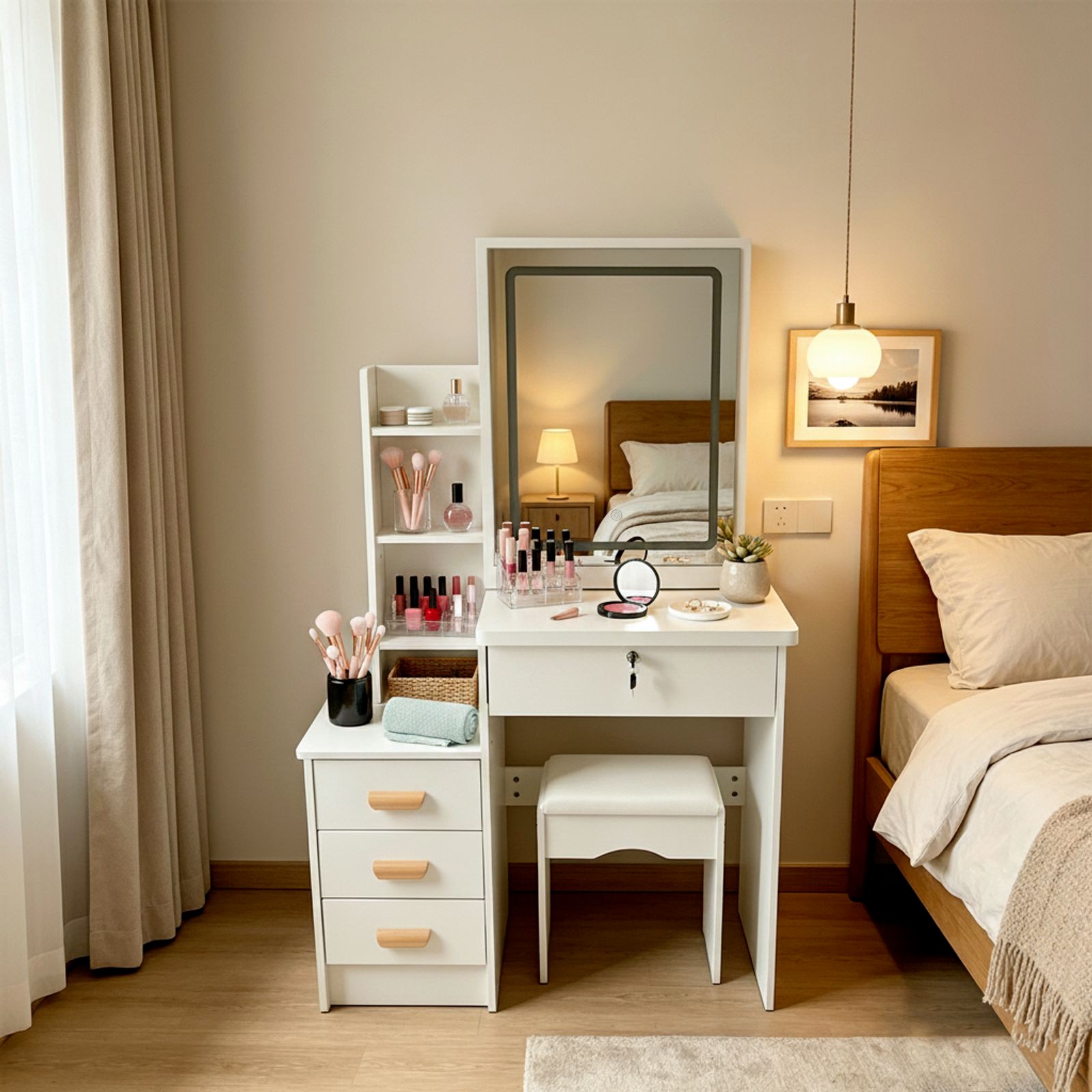 Modern Vanity Desk with Mirror and Lights Makeup Vanity Table with Stool White