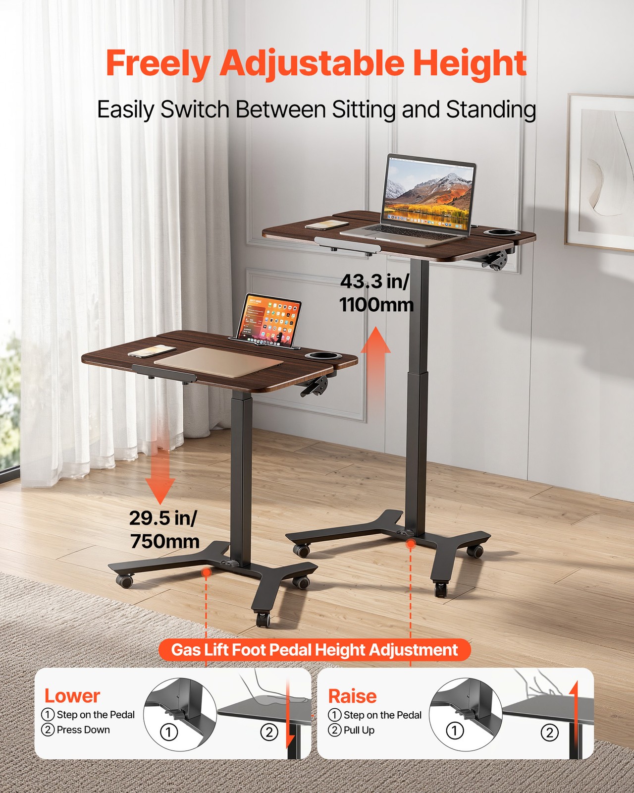 VEVOR Standing Desk Adjustable Height Mobile Stand Up Table Tilting 28.2 x20.7in