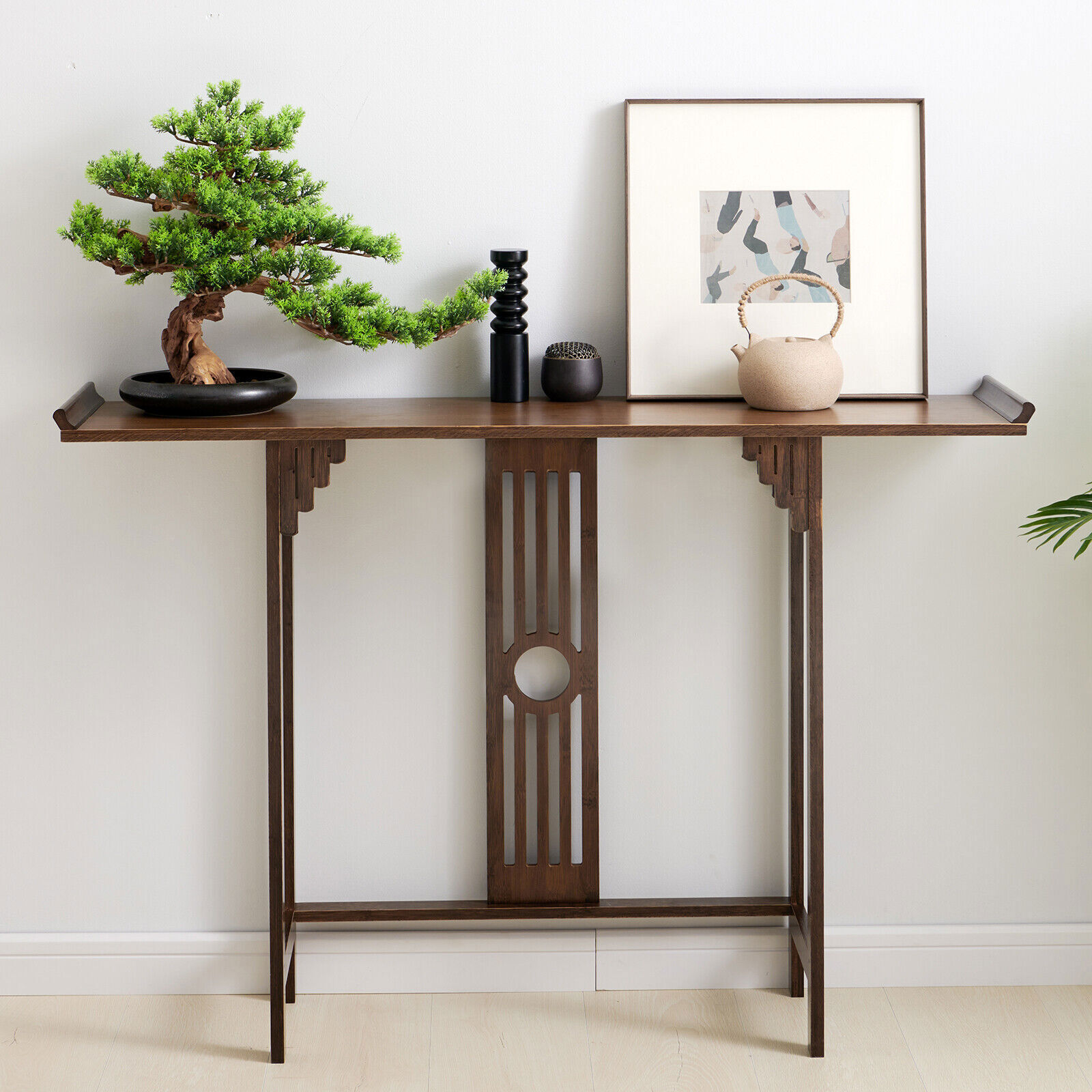 2-Layer Narrow Console Table Entryway Sofa Side Table Bamboo Shelf 40.1″L*11.4″W