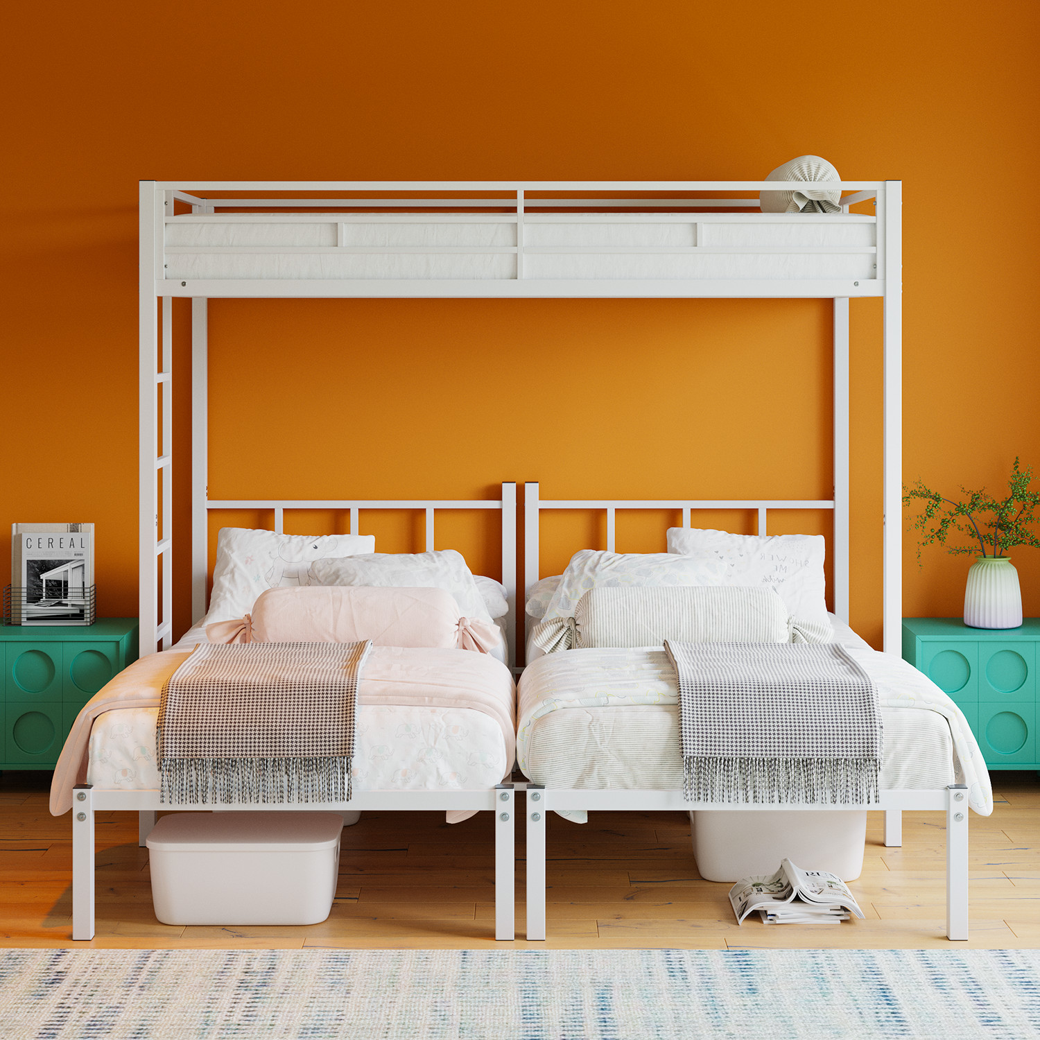 Triple Twin Bunk Bed, Metal 3-in-1 Convertible with Guardrails, White
