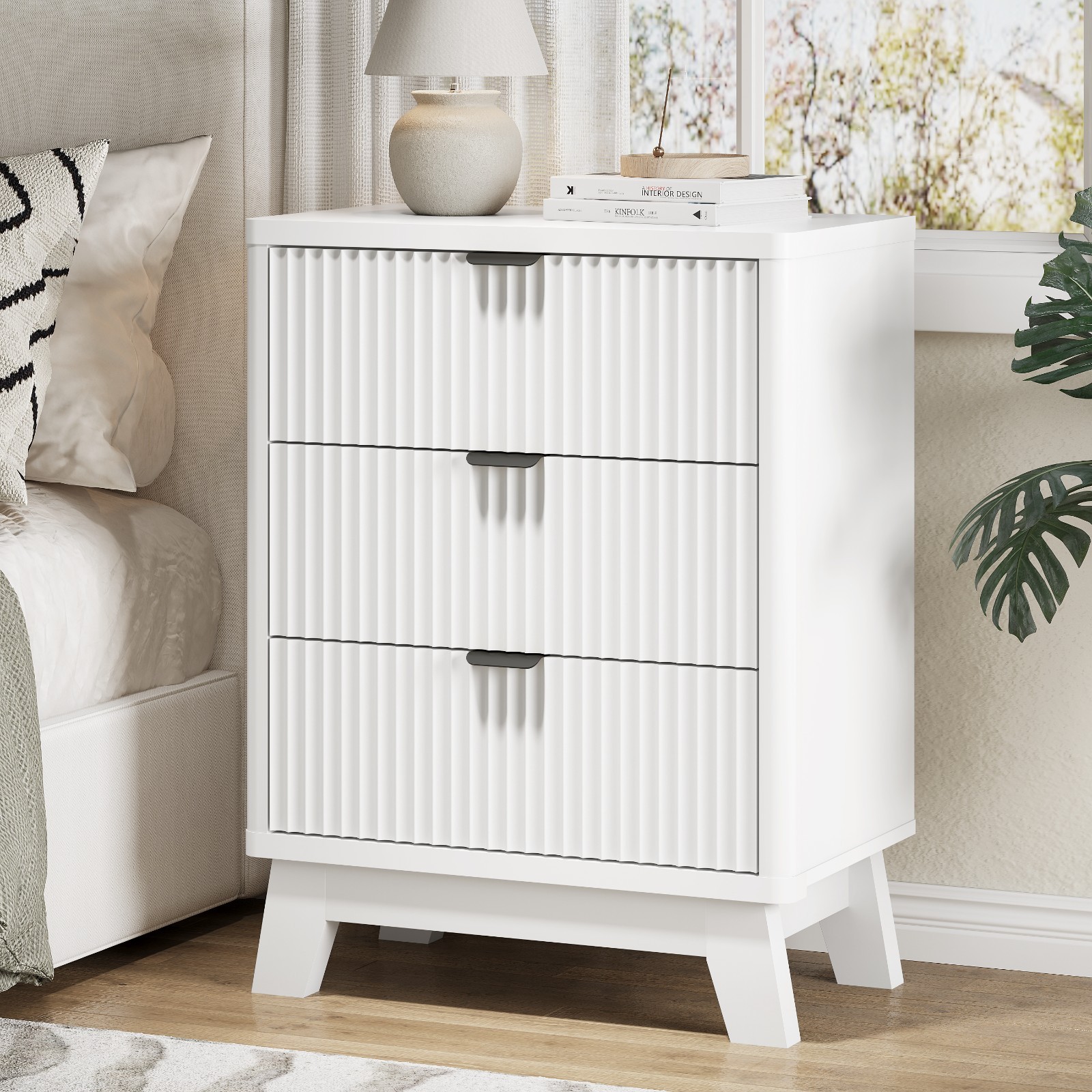 Fluted Nightstand with 3 Storage Drawers, Curved End Table for Bedroom