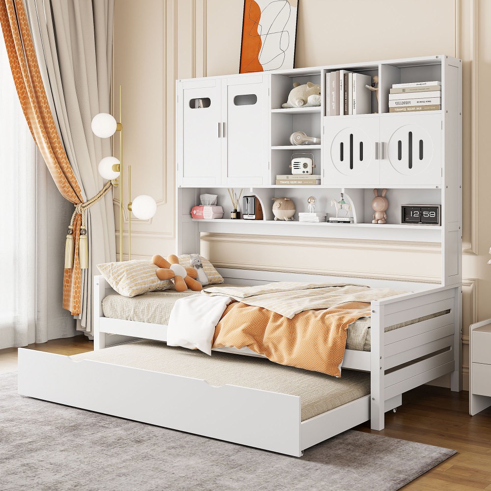 Twin Size Wooden Daybed with Twin Trundle Cabinet Shelf Storage