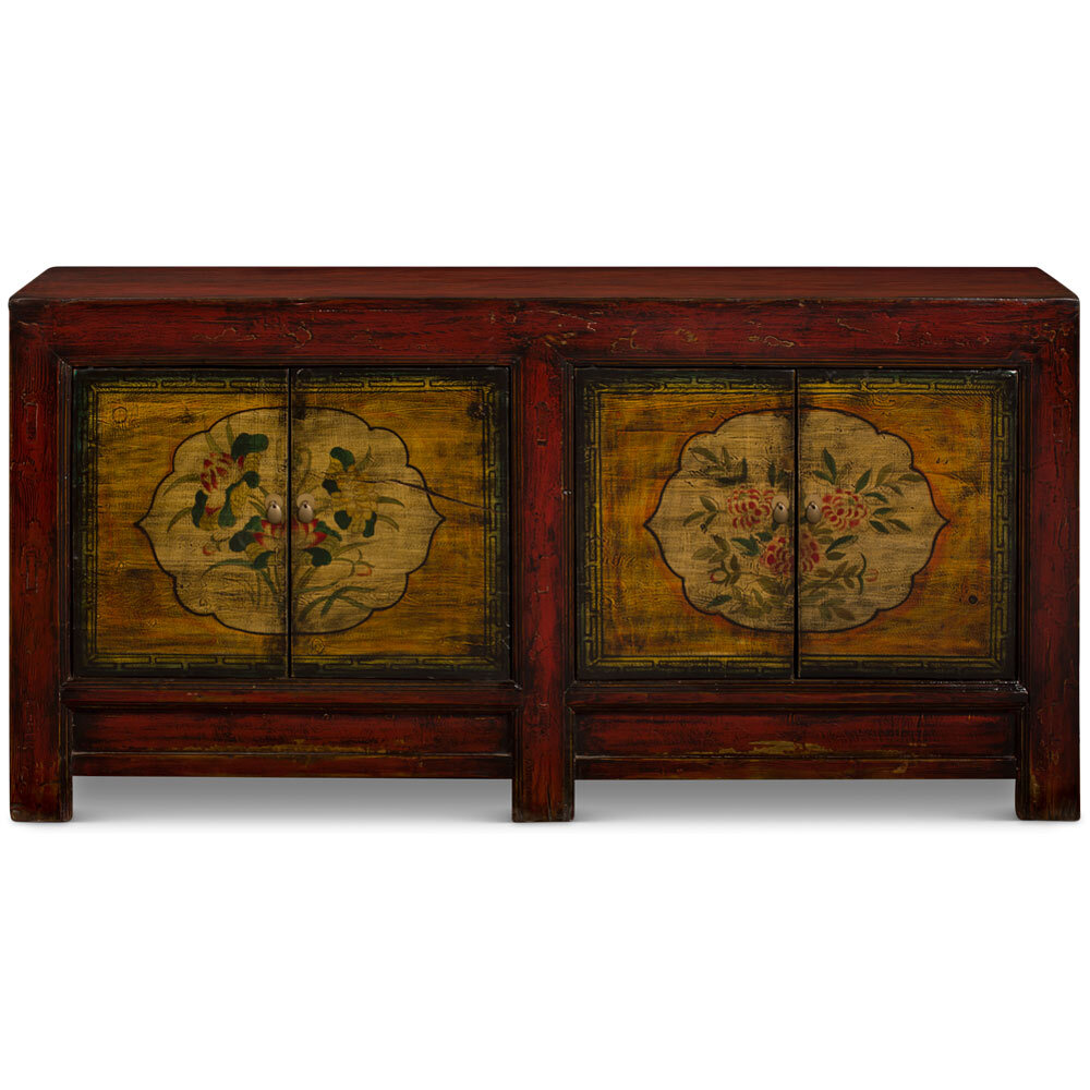 US SELLER Hand Painted Flower Distressed Red Yellow Mongolian Elmwood Sideboard