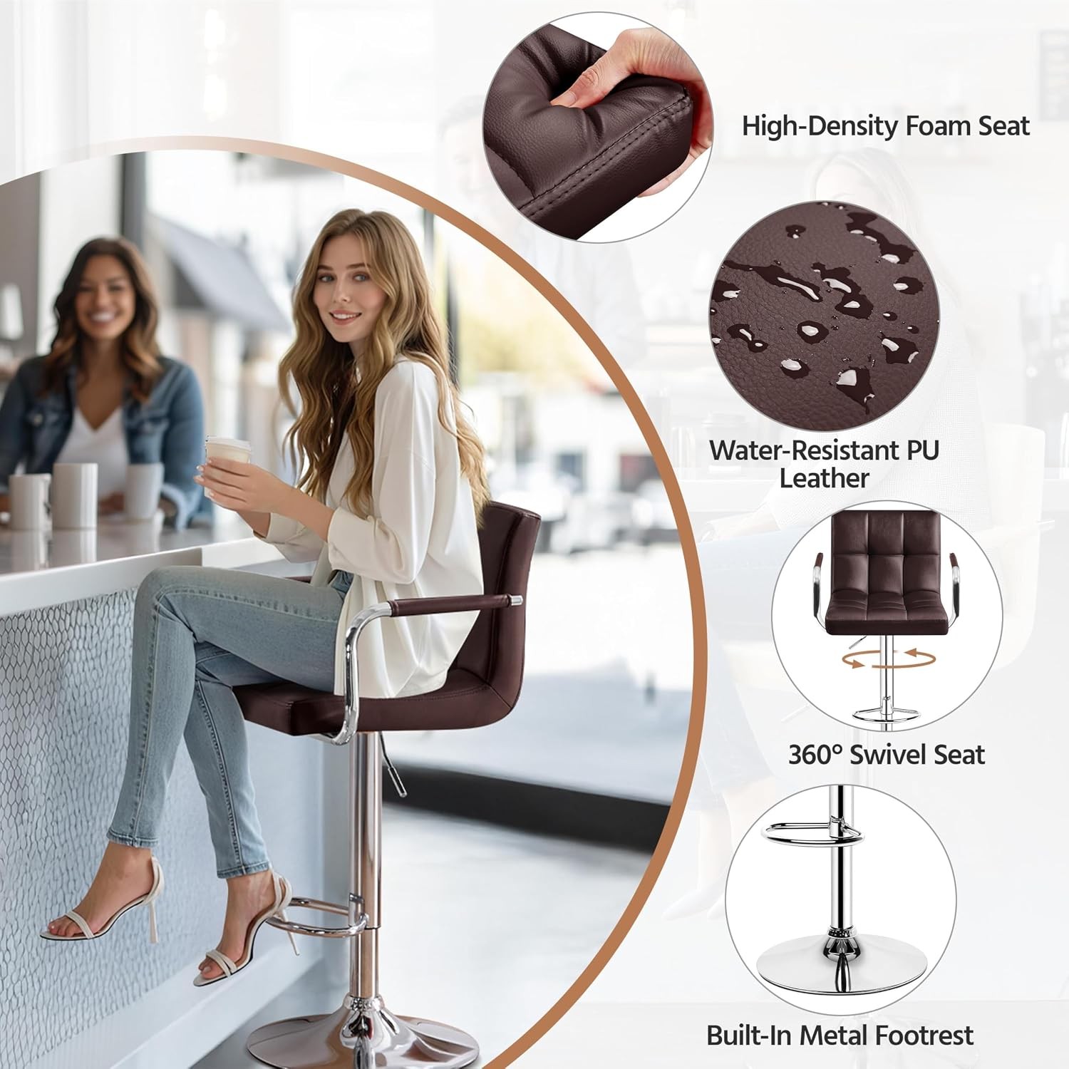 Bar Stools Set of 2 Adjustable PU Leather Swivel Barstools Modern Counter Stools