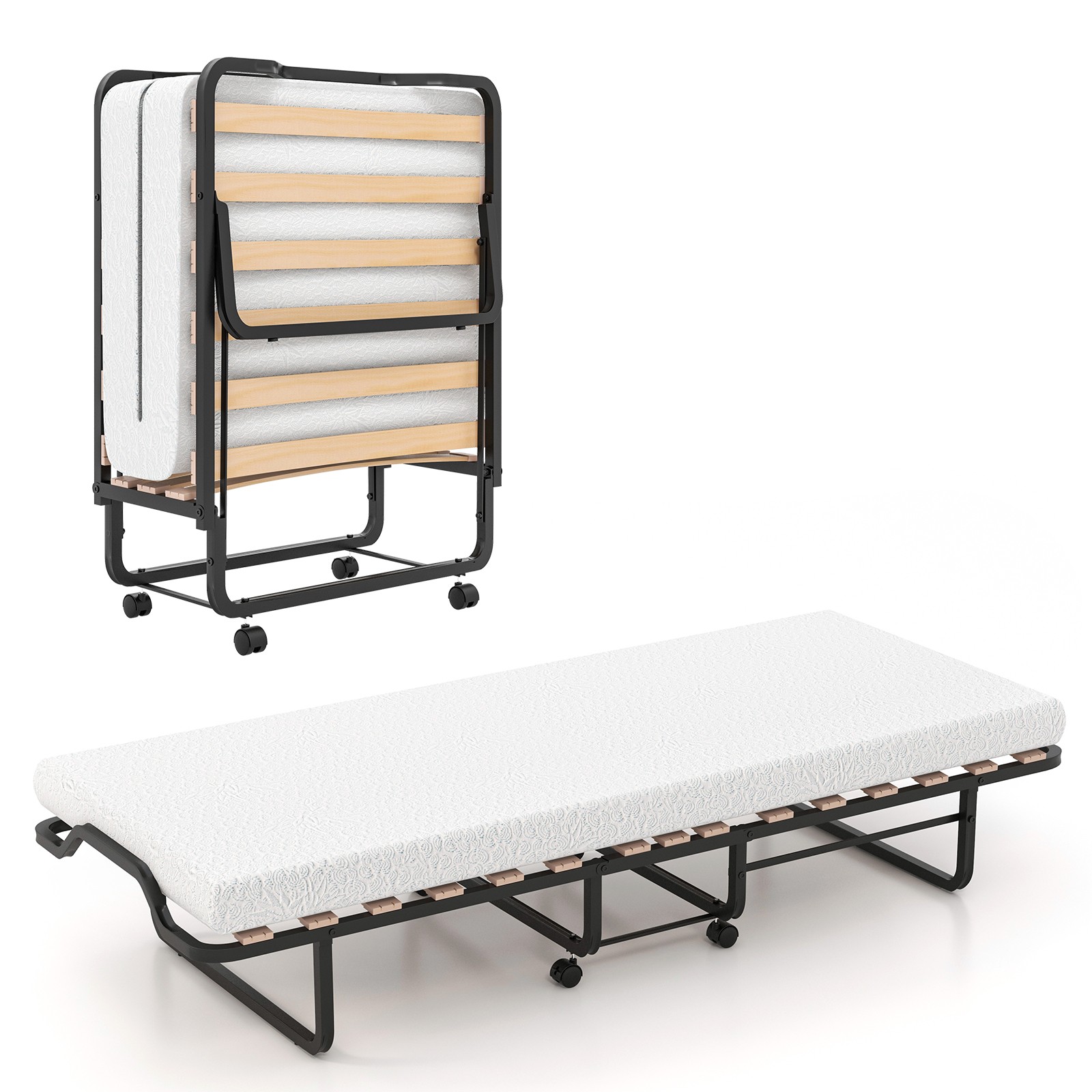 Folding Bed with Foam Mattress Portable Guest Bed w/ 2 Lockable Wheels
