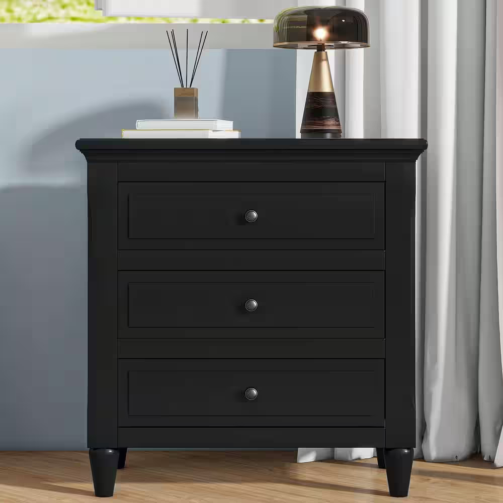 Modern Black 3-Drawer 27.6 In. W Nightstand with Metal Handles, Rubber Wood Legs