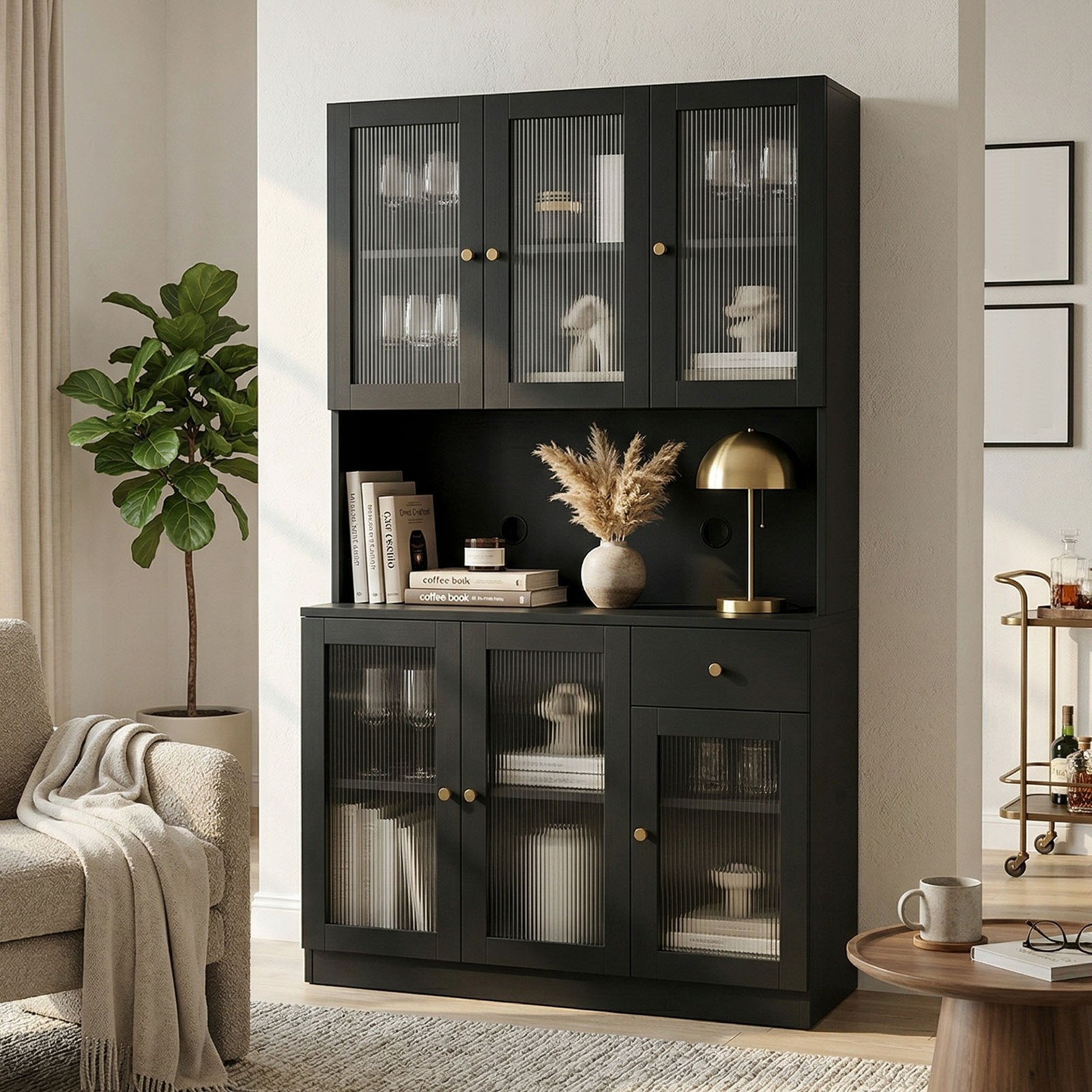 70.9Inch Black Tall Storage Cabinet Multi Compartment Reeded Glass Tall Cupboard