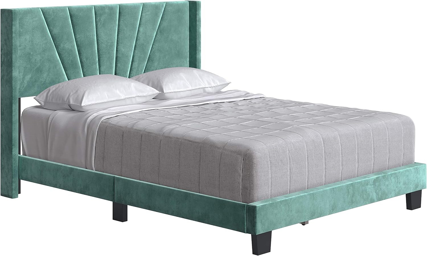 Valencia King Size Winged Upholstered Bed in Aqua Velour with Headboard