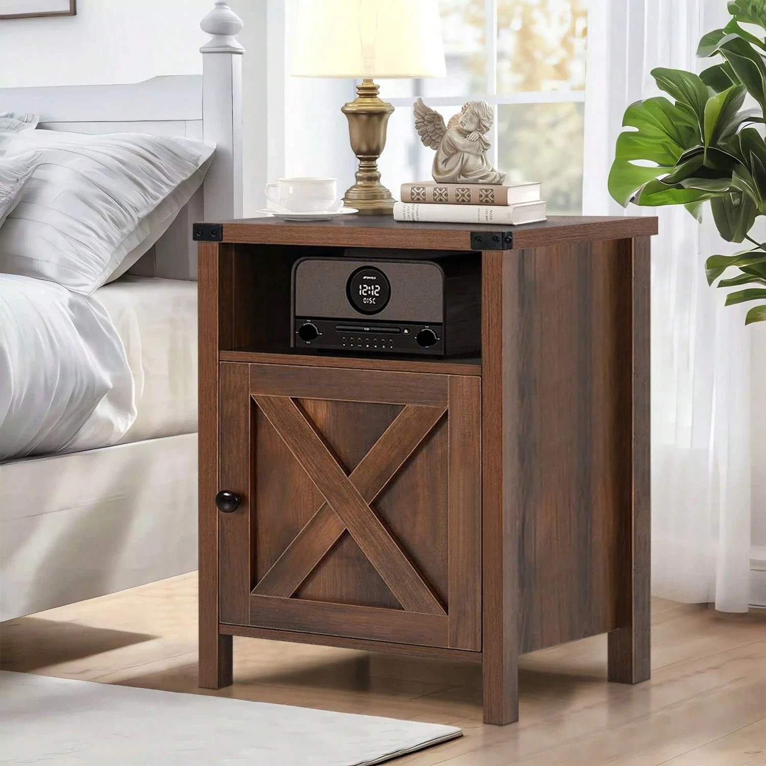Set of 2 Farmhouse Nightstands w/ Barn Door Storage Cabinet End Tables Dark Oak