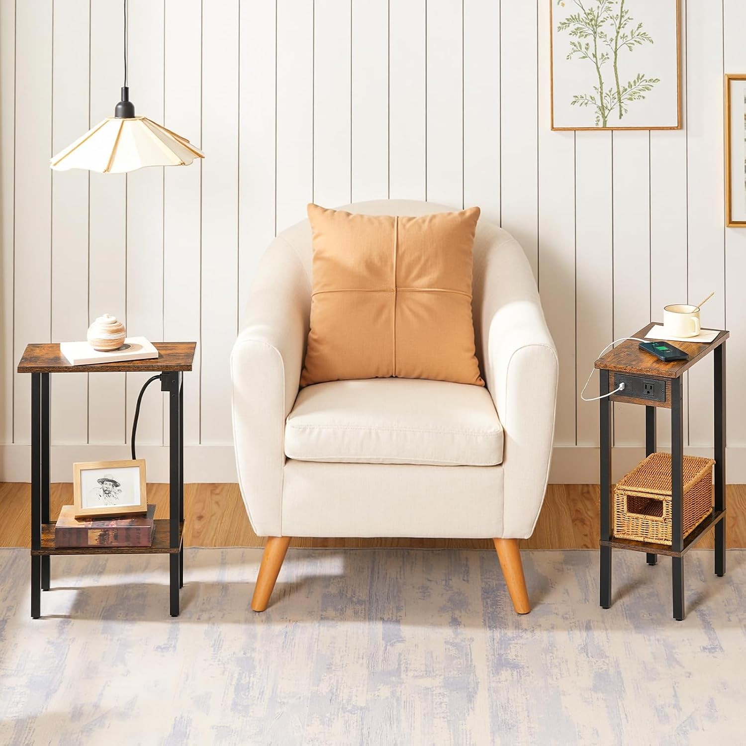 Rustic Brown and Black 2-Tier Slim Narrow End Tables with Charging Station Set