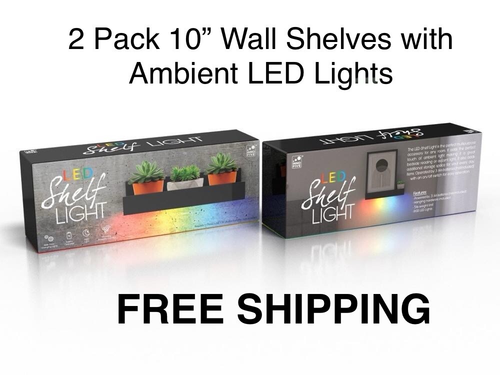 2 Pack Modern 10″ Black Shelf Wall Decor with Ambient LED Lighting Easy Install