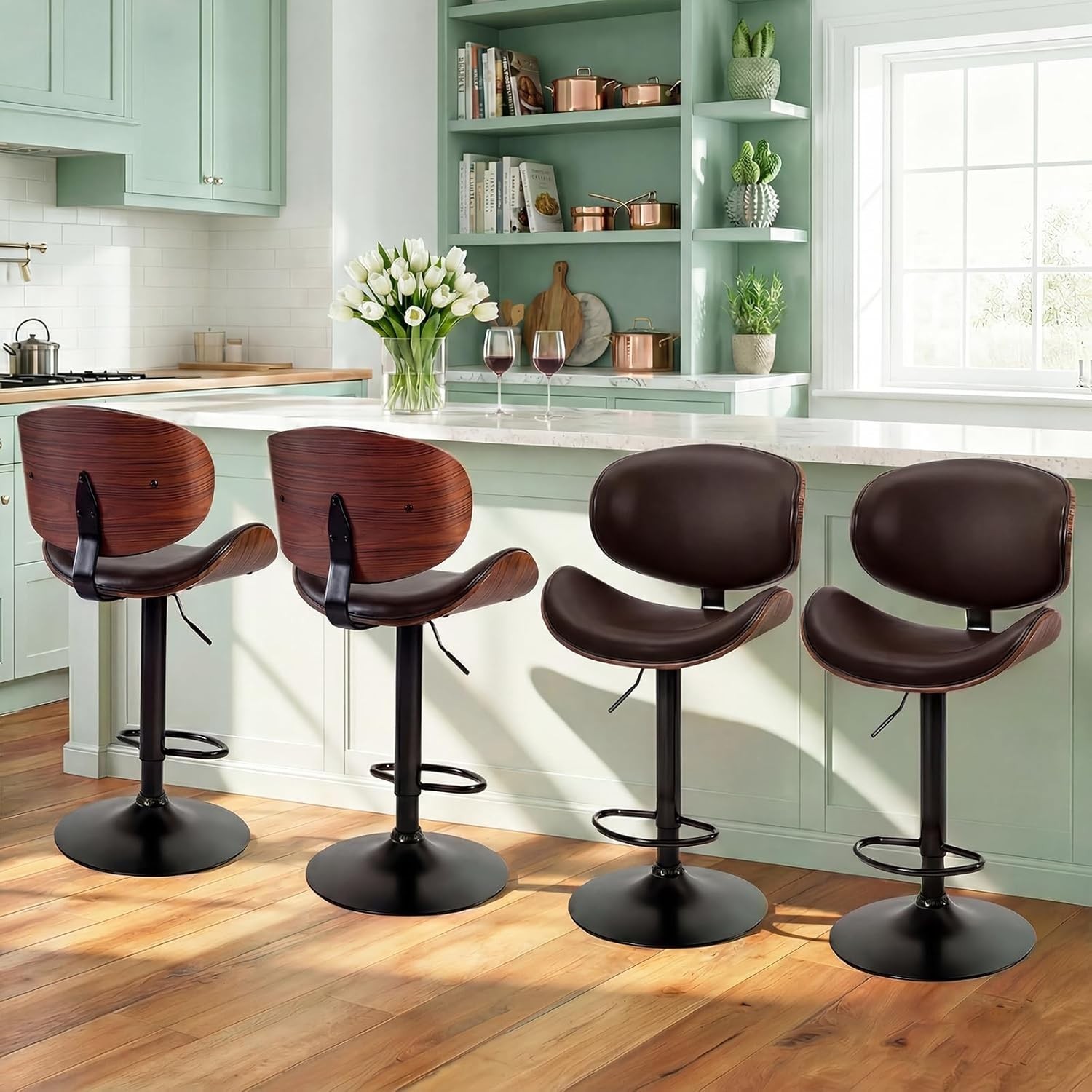 Swivel Bar Stools Set of 4 Adjustable Counter Height Bentwood PU Leather