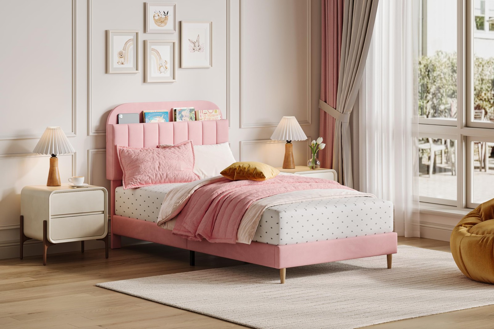 Twin Bed Frame Velvet Headboard for Kids Girls ,Velvet Upholstered Platform