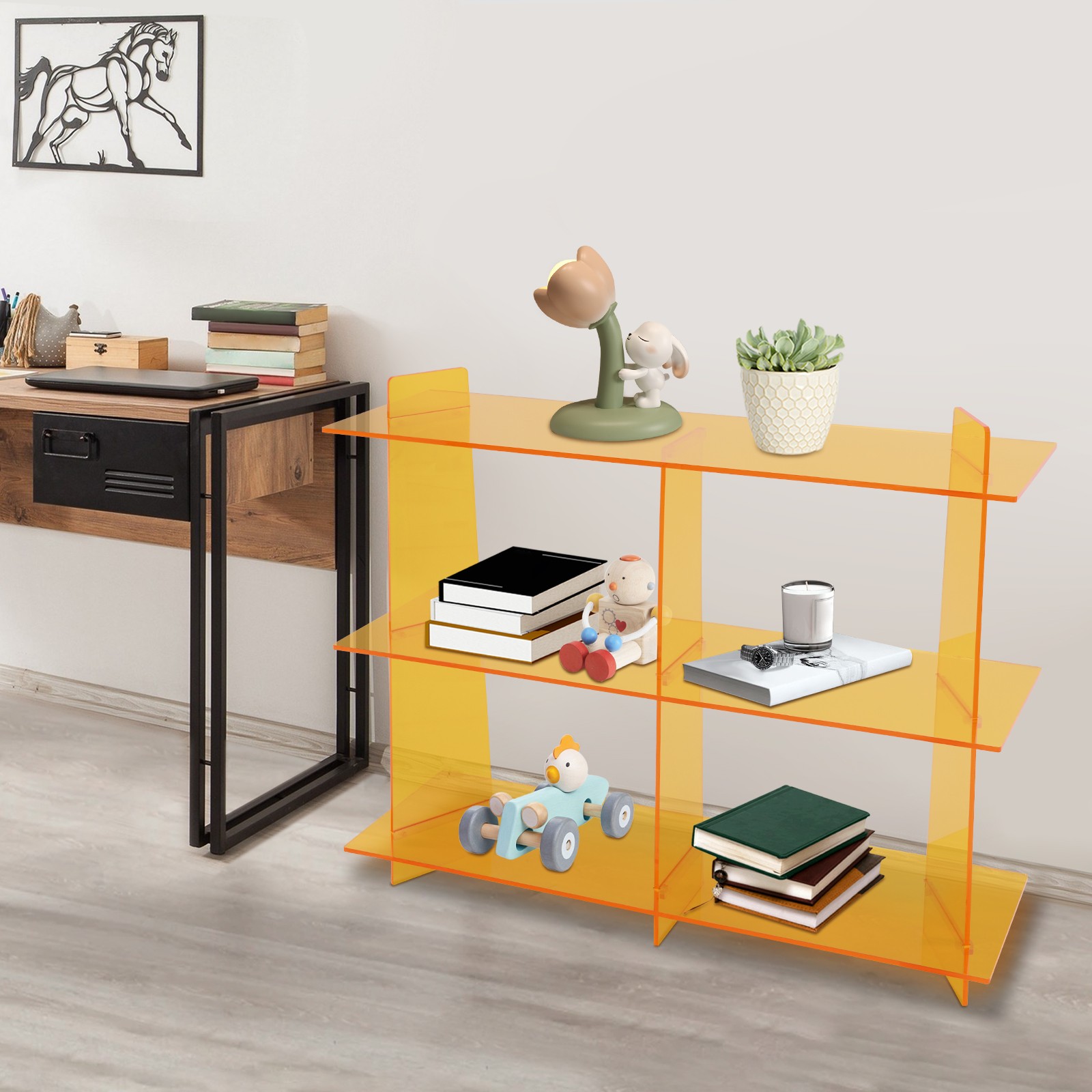 3 Tiers Newspaper Storing Stand, Acrylic Bookshelf, Orange Magazine Display Rack