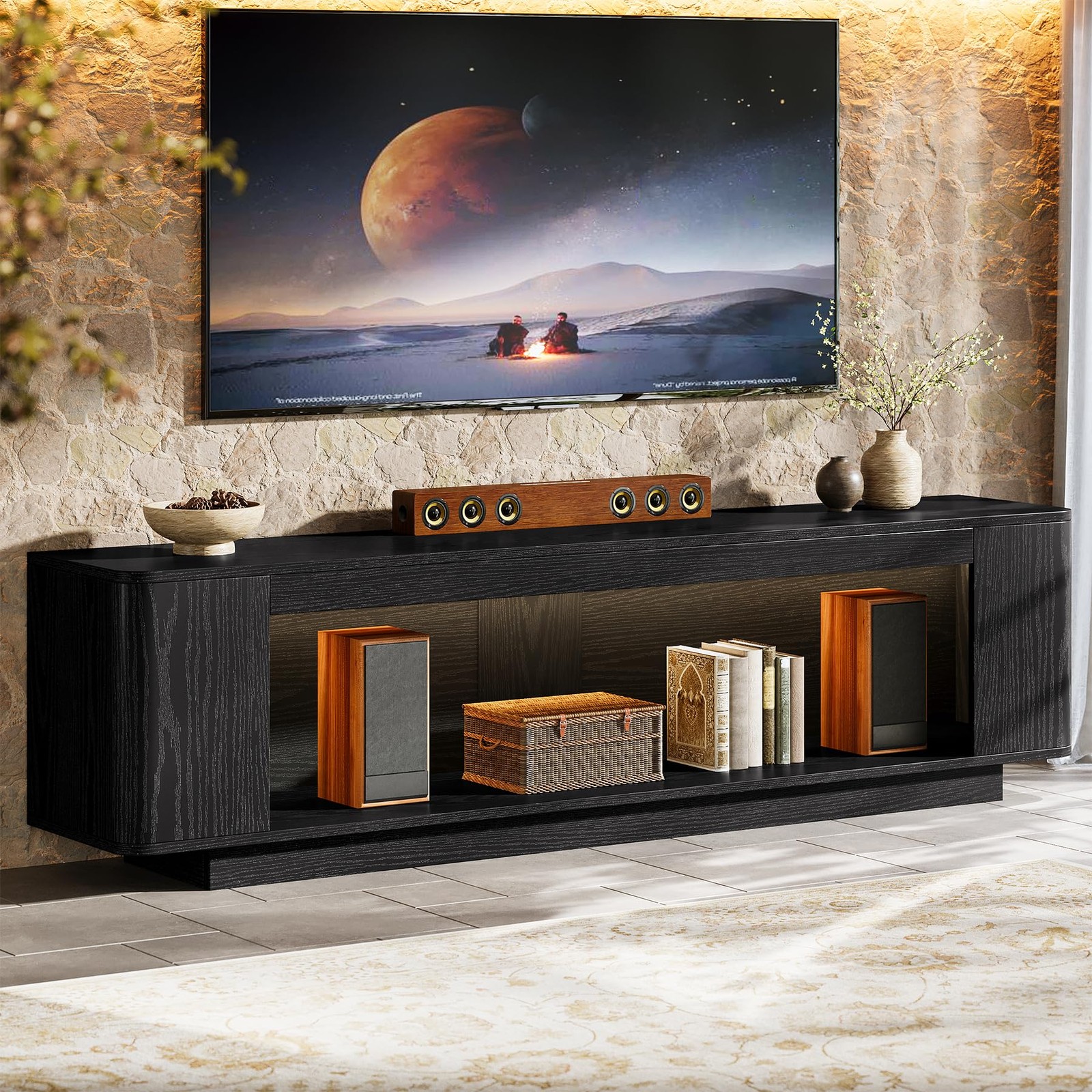 70.9in Farmhouse TV Stand LED Lights 65-80in TVs Console Cabinet Black