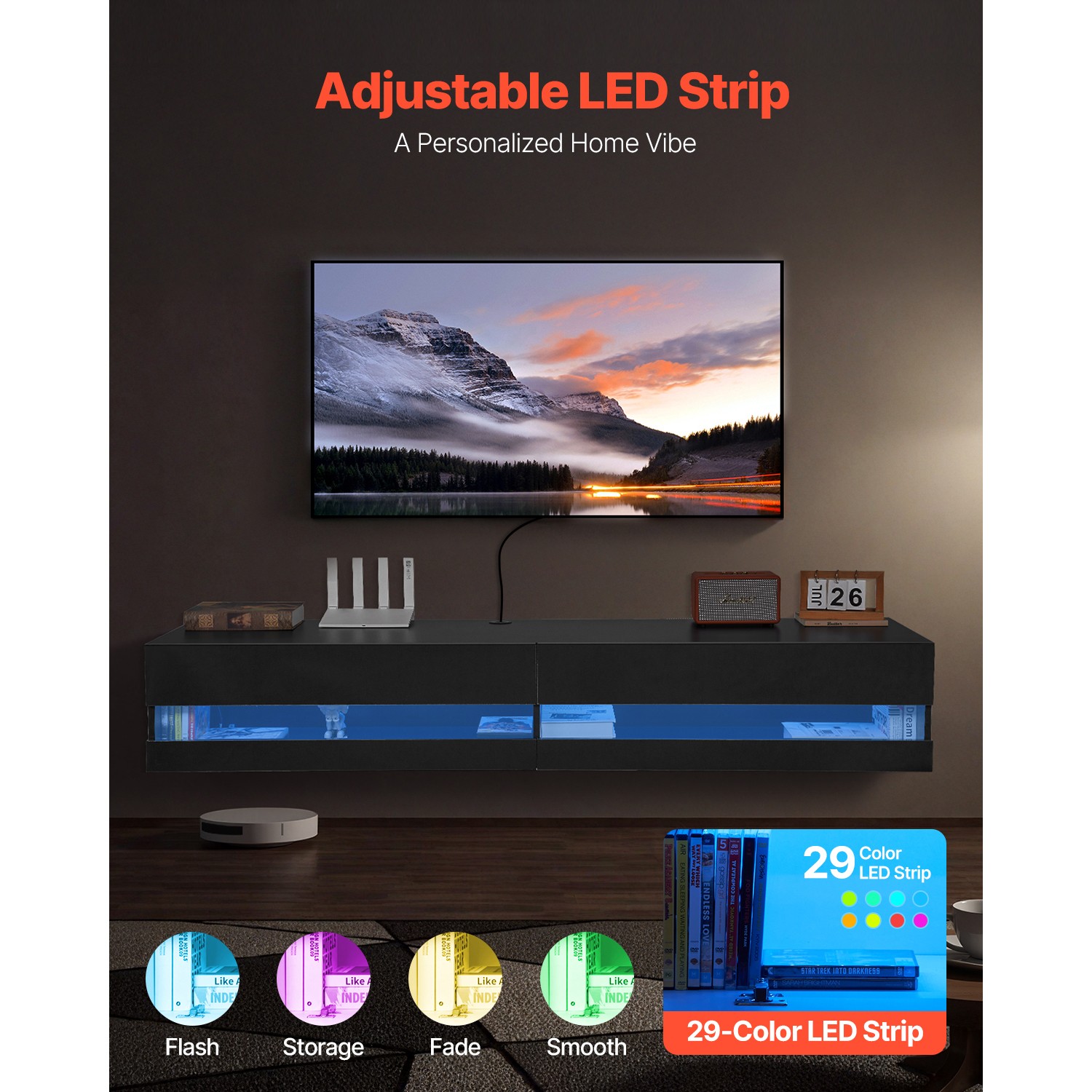 Floating TV Stand 71″ Entertainment Center Power Outlet & LED Light Black