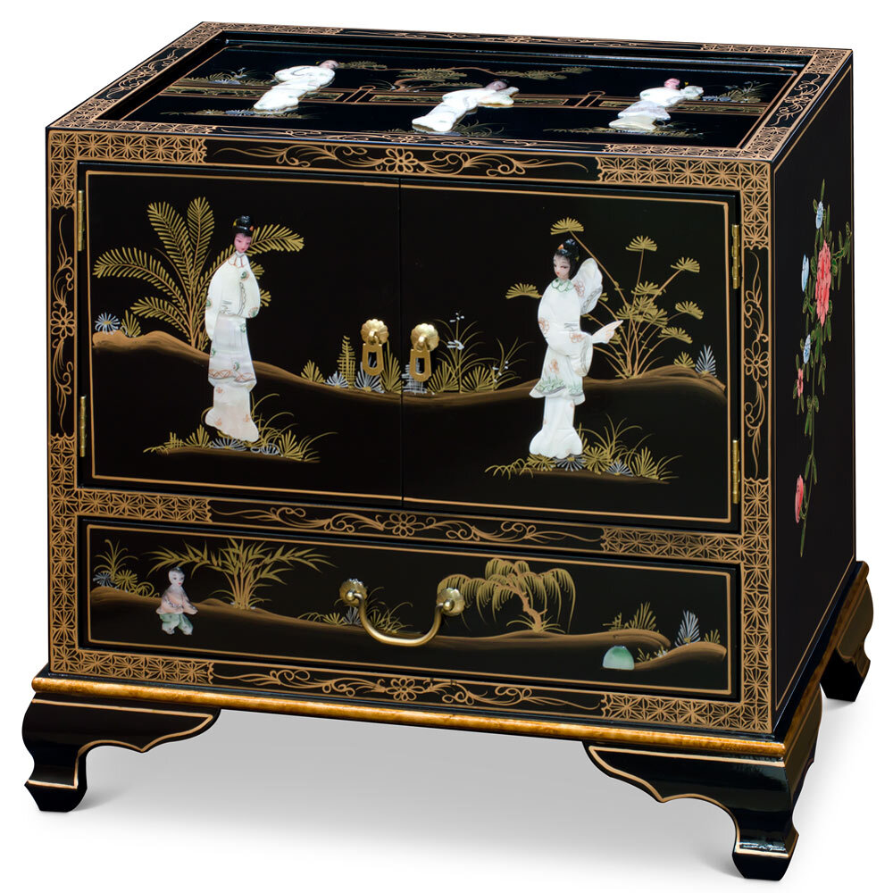 US Seller – Black Lacquer Mother of Pearl Oriental Accent Cabinet