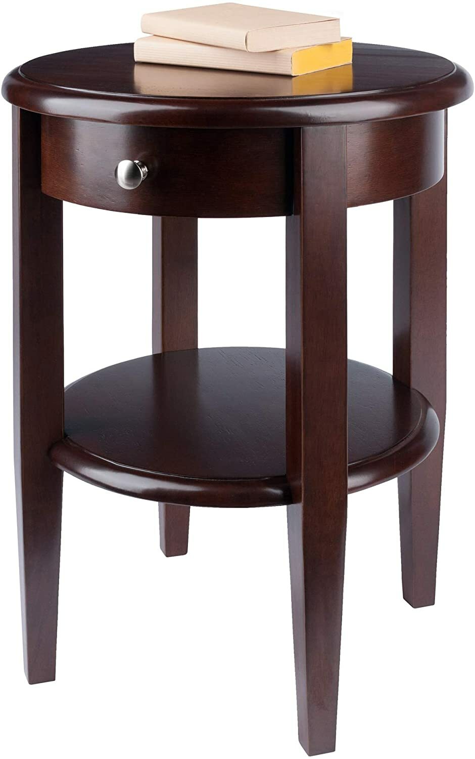 Walnut Finish Wooden Accent Table End Side Round Top Drawer Shelf Plant Pedestal