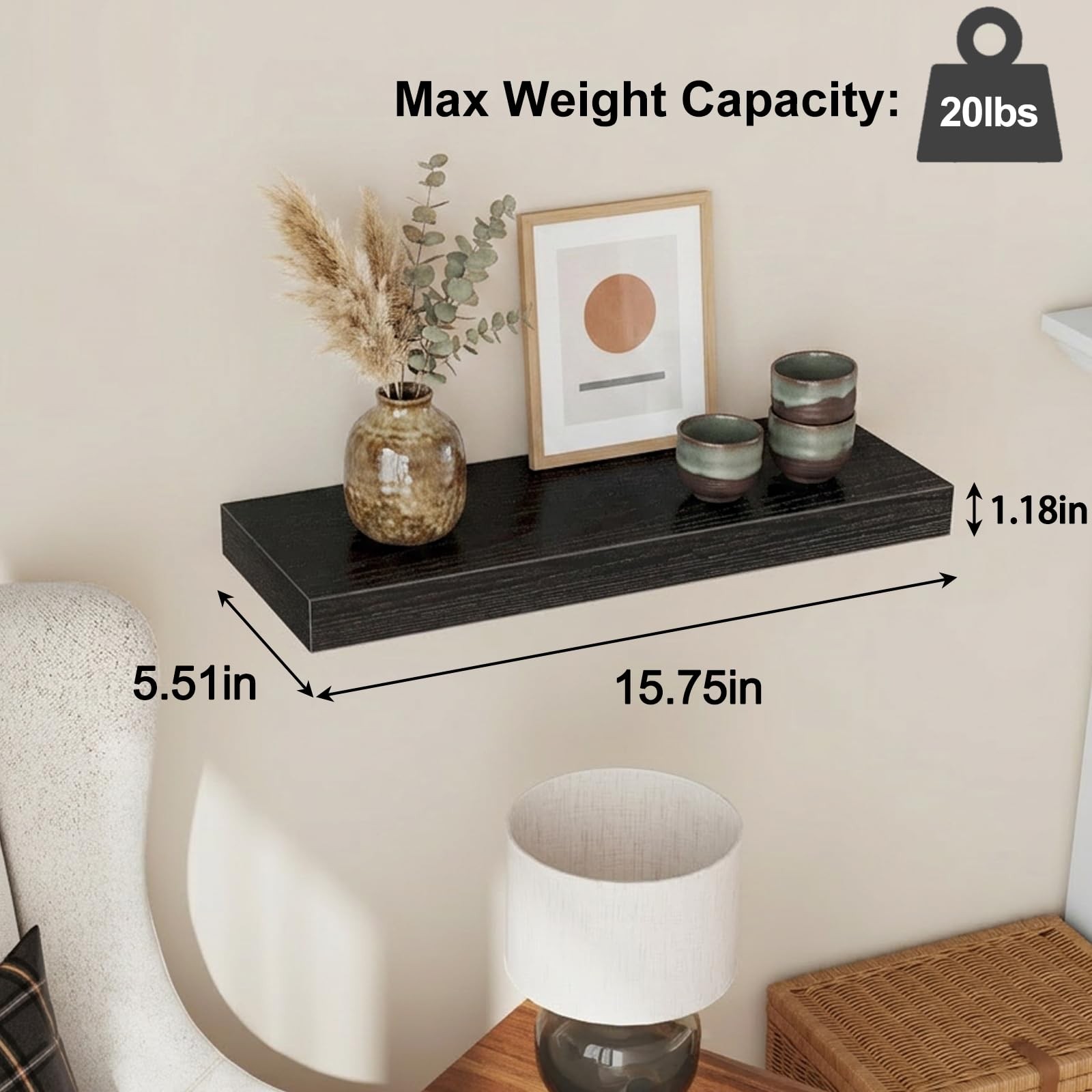 Black Floating Shelves for Wall, Rustic Wood Shelves for Bathroom, Living Roo…