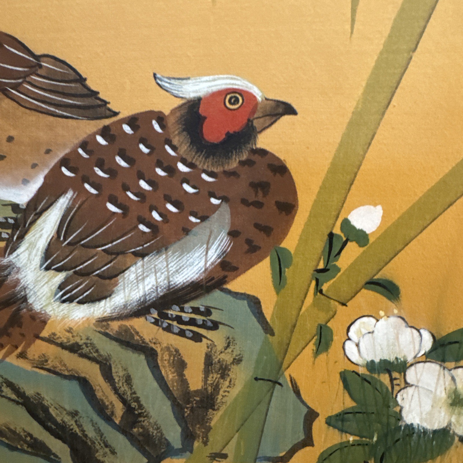 Vintage 1983 Asian 4 Panel Folding Silk Screen Room Divider Birds Bamboo Signed