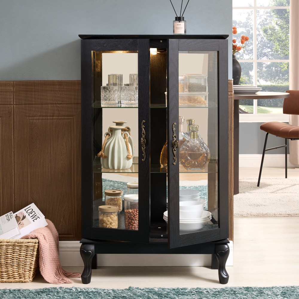 Curio Cabinet with Tempered Glass Doors, Mirrored Back & Light
