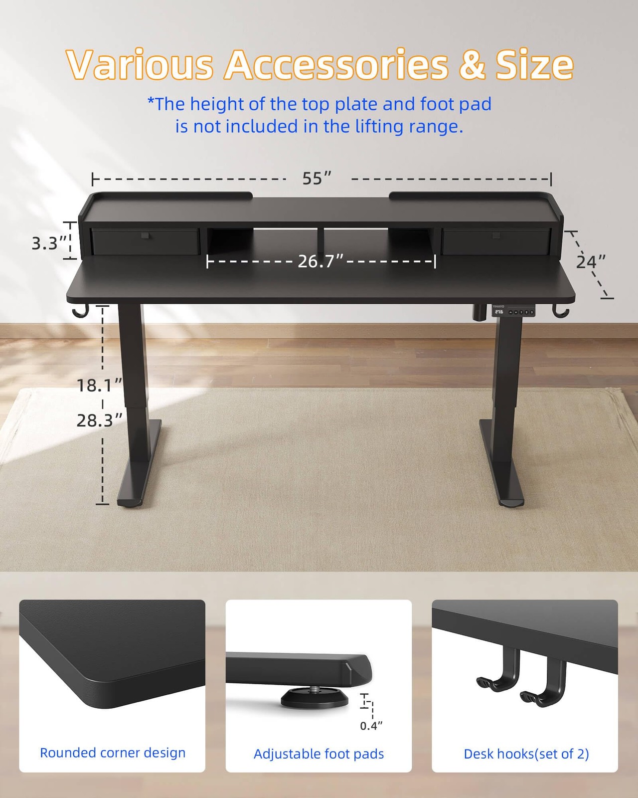 Low Height Adjustable Desk with Drawers, Lifts 18.1-28.3 Inches, Electric Sta…