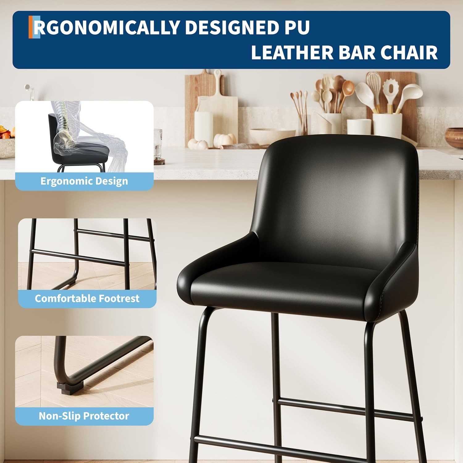 Counter Height Bar Stools Set of 3, PU Leather Barstools with Back and Footrest