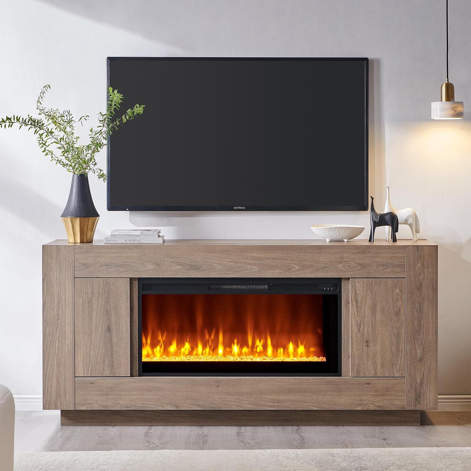 70″ Fireplace TV Stand With 36″ Electric Fireplace Wood Design For Living Room