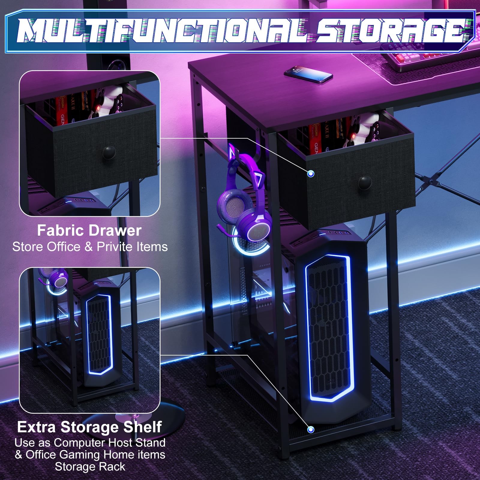 33.5″ Small Gaming Desk with LED Lights & Power Outlets, Compact Computer Desk