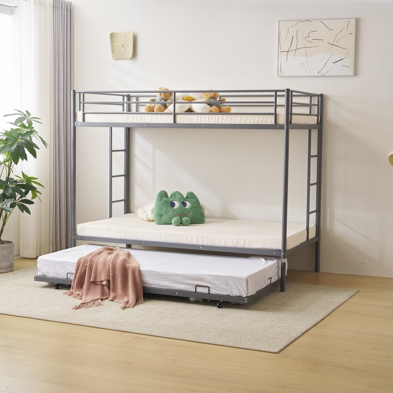 Metal Twin Over Twin Bunk Bed Frame with Trundle and Ladder Kids Child Bedroom
