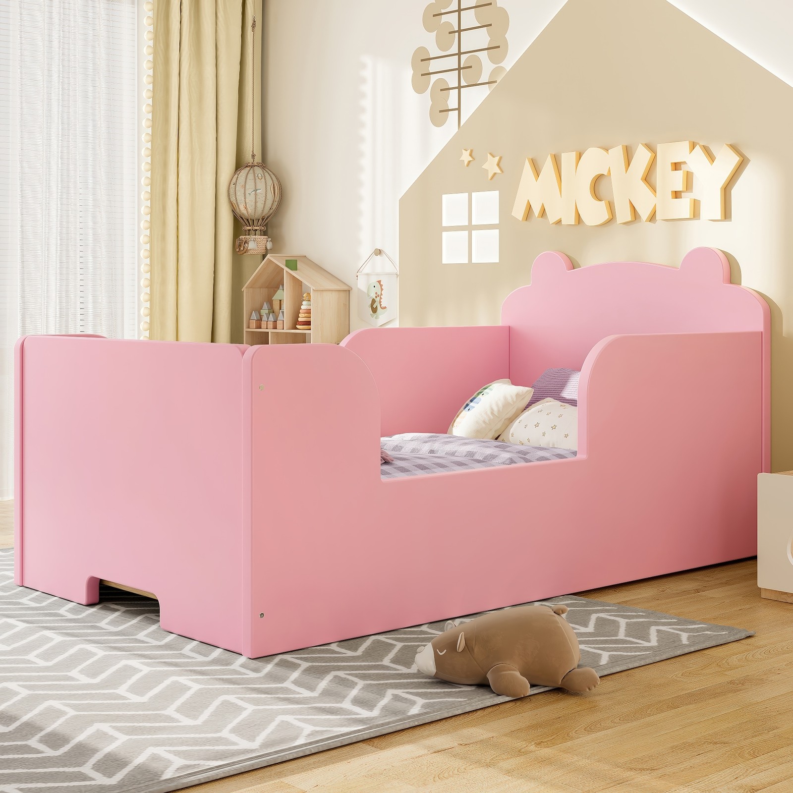 Twin Wood Toddler Floor Bed Frame with Safety Barrier for Boys & Girls Ages 3-6