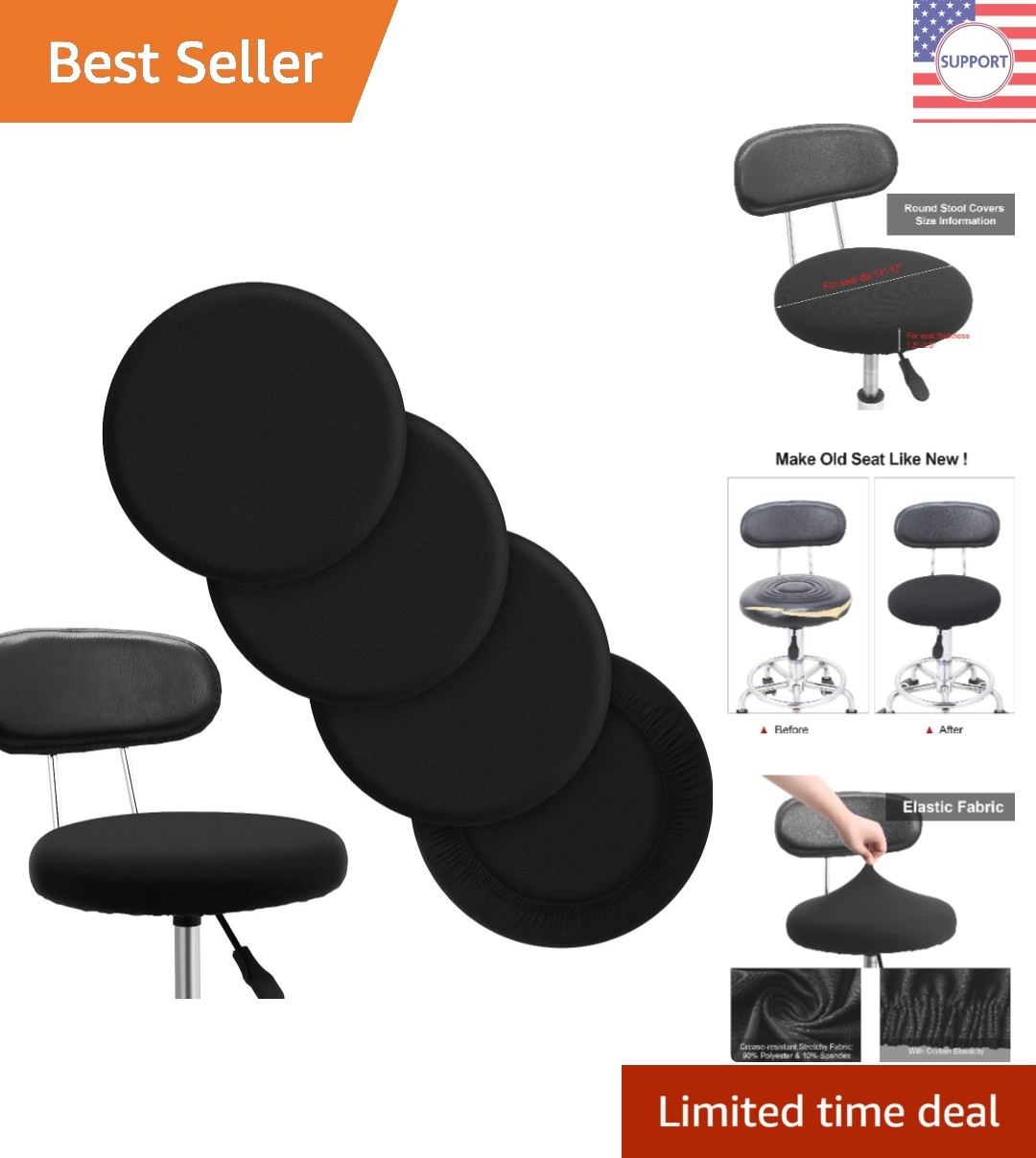 Durable Scratch-Resistant Bar Stool Cushion Covers – Set of 4 in Classic Black