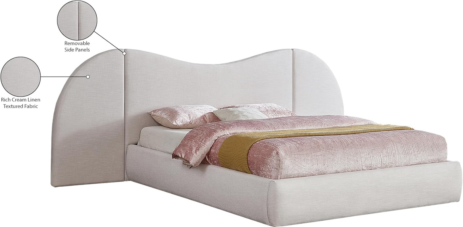 Everest Collection Modern Queen Bed in Cream Linen with Removable Side Panels