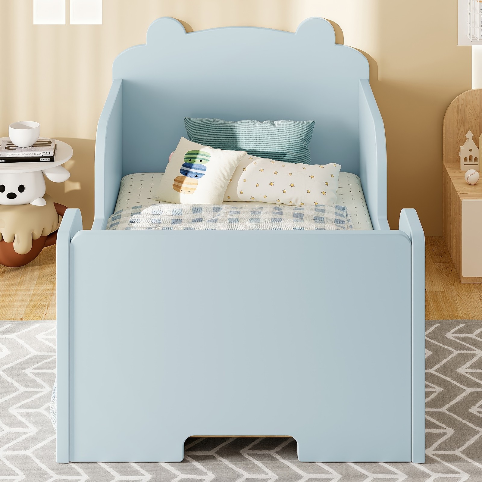 Twin Wood Toddler Floor Bed Frame with Safety Barrier for Boys & Girls Ages 3-6