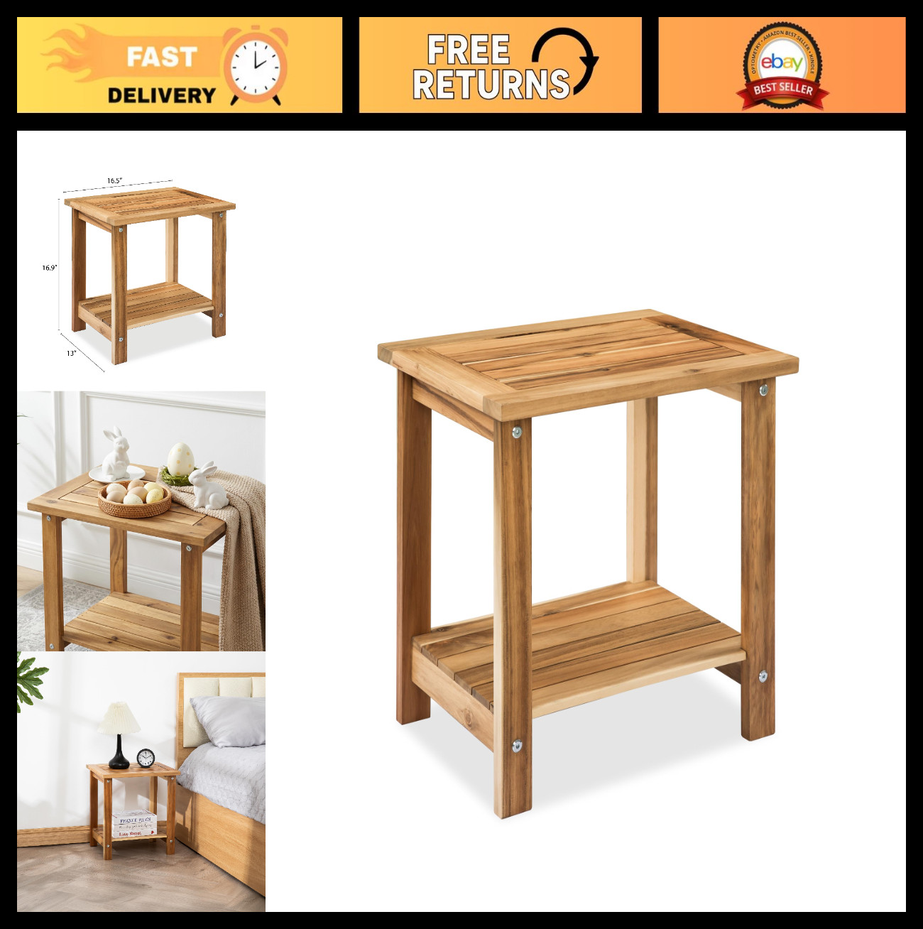 Rustic Solid Acacia Wood Side Table – 2-Tier Storage, Weather-Resistant Indoor/O
