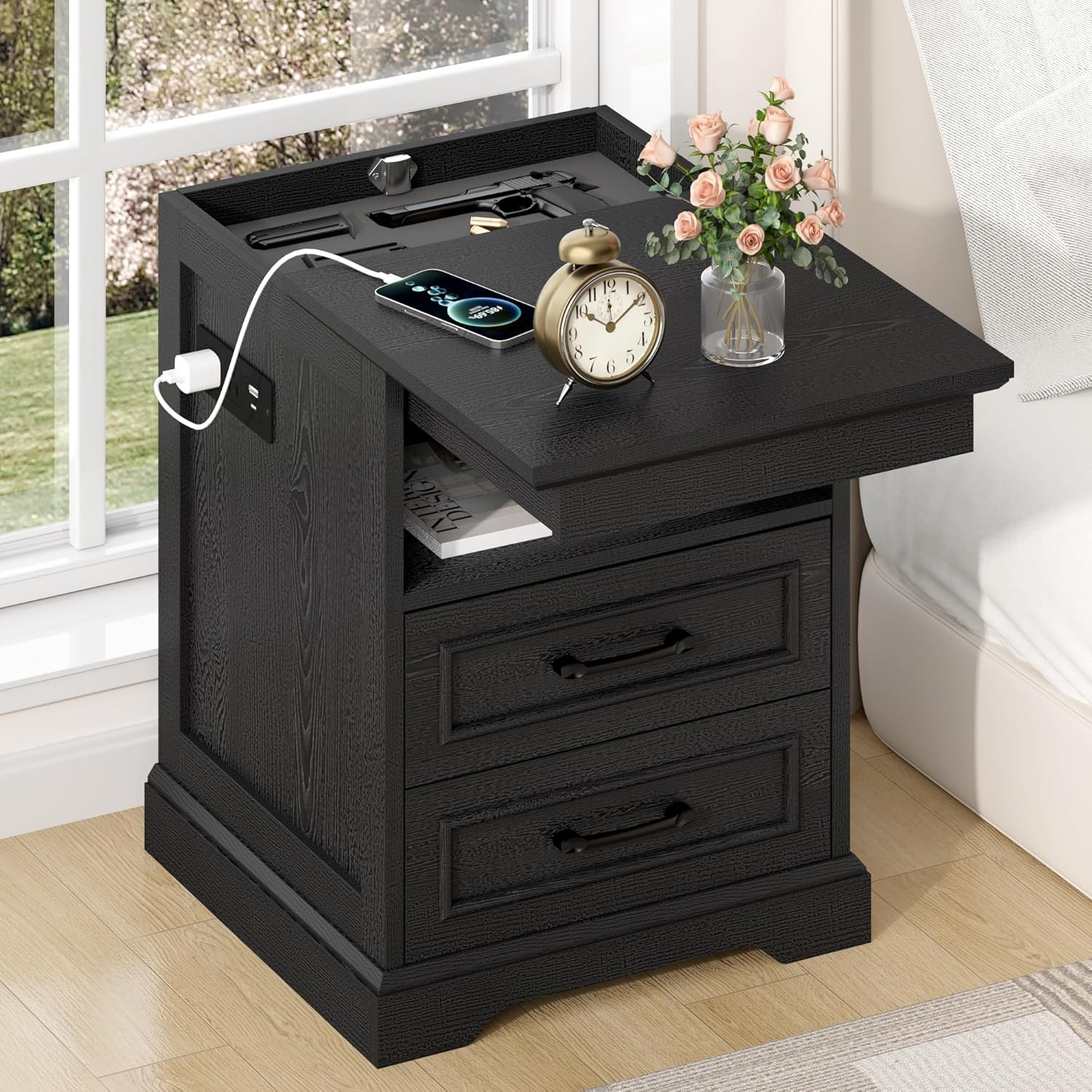Farmhouse Nightstand with Charging Station & 3 Drawers – Black Accent Table