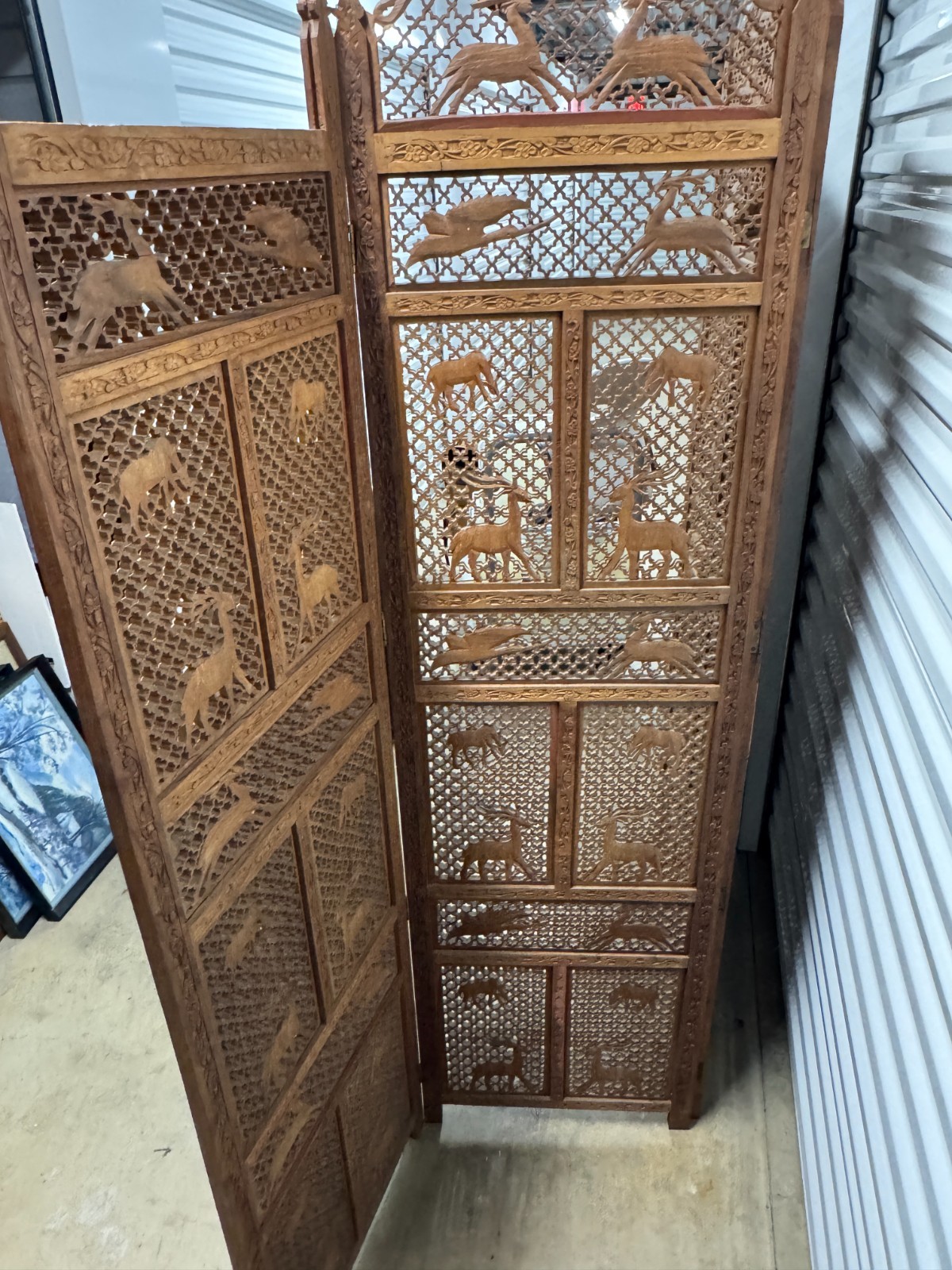 Mid-Century Carved Folding Four Panel Room Divider Screen NO SHIPPING
