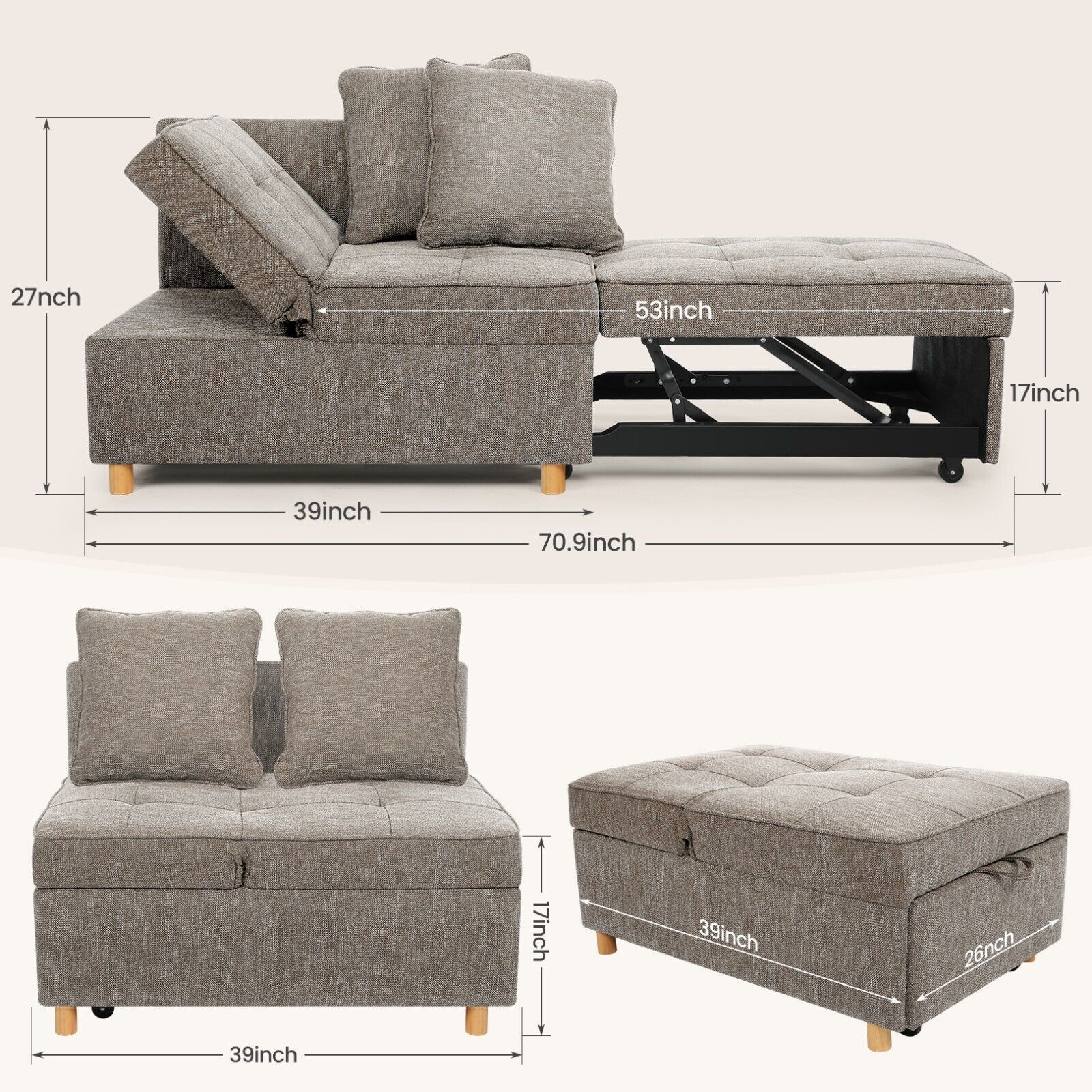 Folding Ottoman Sofa Bed Chair, 4-in-1 Sleeper Sofa Adjustable Backrest Loveseat